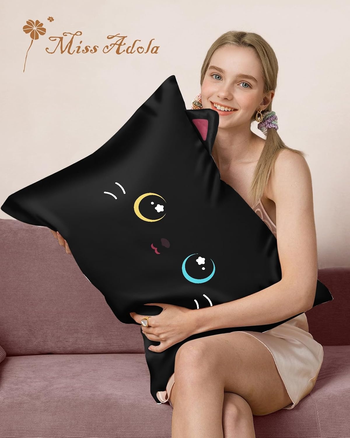 image:imageMiss Adola Kids Pillowcases Standard Size 20x26 Cute Cartoon Soft Breathable Silk Pillow Cases for Hair and Skin with Hidden Zipper for Girls Fun Kawaii Design for Bedding Fish TailBlack Cat