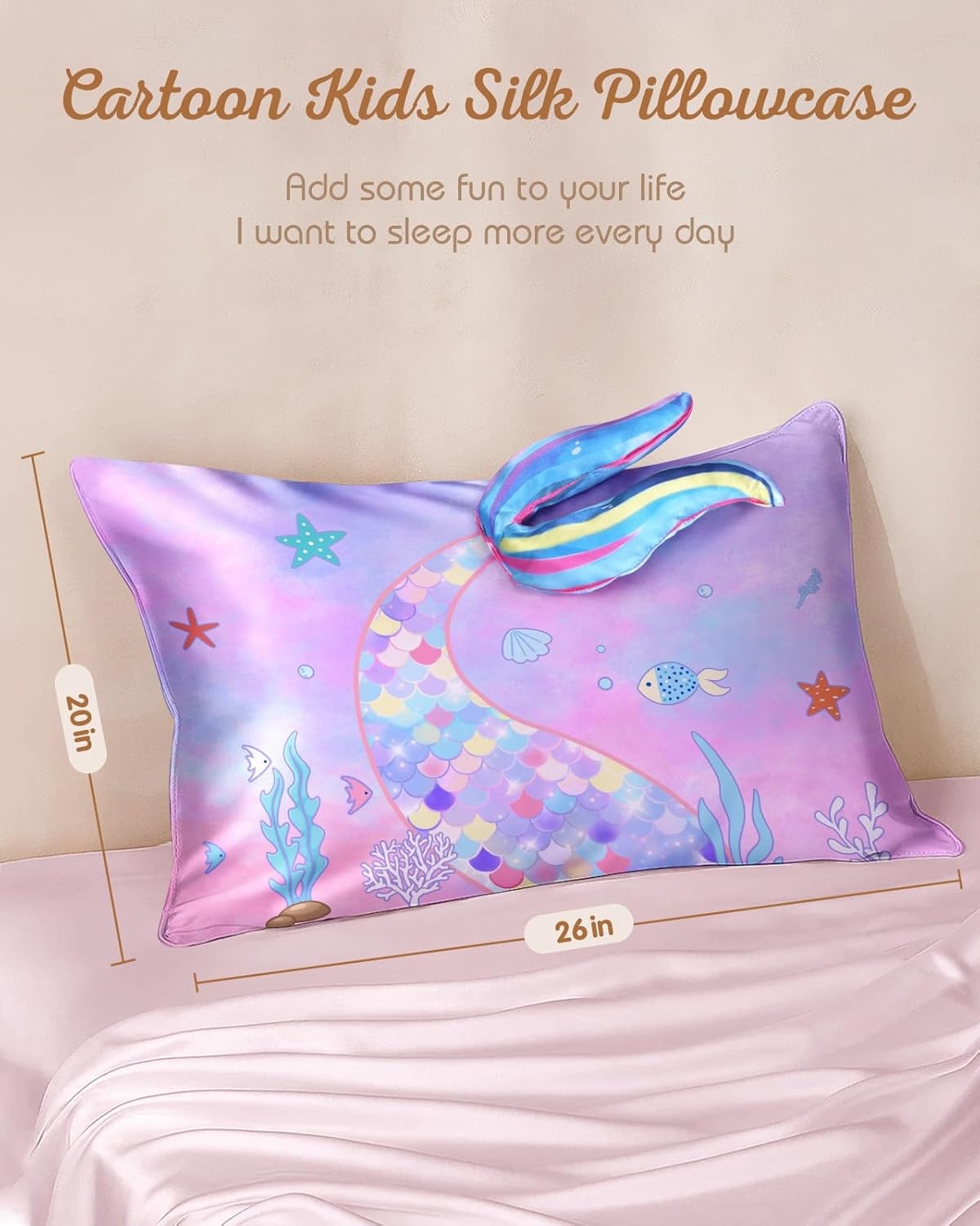 image:imageMiss Adola Kids Pillowcases Standard Size 20x26 Cute Cartoon Soft Breathable Silk Pillow Cases for Hair and Skin with Hidden Zipper for Girls Fun Kawaii Design for Bedding Fish TailFish Tail