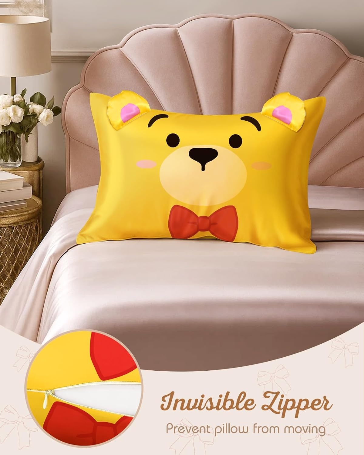 image:imageMiss Adola Kids Pillowcases Standard Size 20x26 Cute Cartoon Soft Breathable Silk Pillow Cases for Hair and Skin with Hidden Zipper for Girls Fun Kawaii Design for Bedding Fish TailYellow Bear