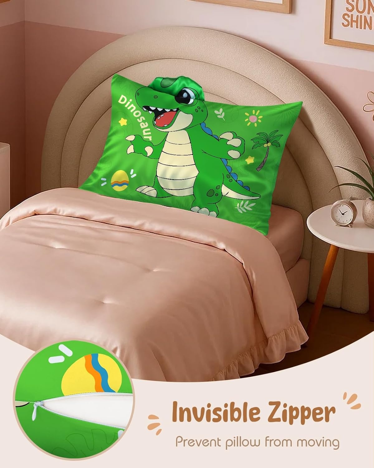 image:imageMiss Adola Kids Pillowcases Standard Size 20x26 Cute Cartoon Soft Breathable Silk Pillow Cases for Hair and Skin with Hidden Zipper for Girls Fun Kawaii Design for Bedding Fish TailGreen Dnosaur