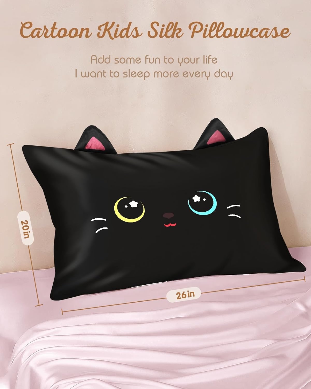 image:imageMiss Adola Kids Pillowcases Standard Size 20x26 Cute Cartoon Soft Breathable Silk Pillow Cases for Hair and Skin with Hidden Zipper for Girls Fun Kawaii Design for Bedding Fish TailBlack Cat