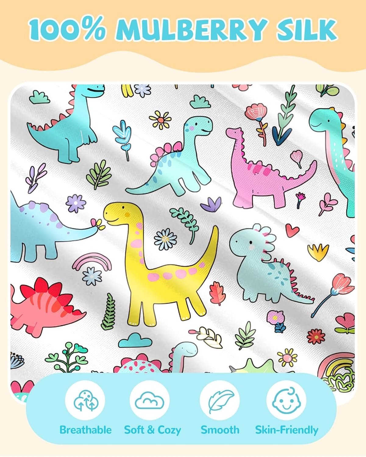 image:imageMiss Adola Kids Silk Pillowcase 1Pc Queen Size 30 x 20 Inches 19 Momme Mulberry Silk Pillow Case with Hidden Zipper for Toddlers Teens Girls Boys Hair and Skin Strawberry CatColorful Dinosaur