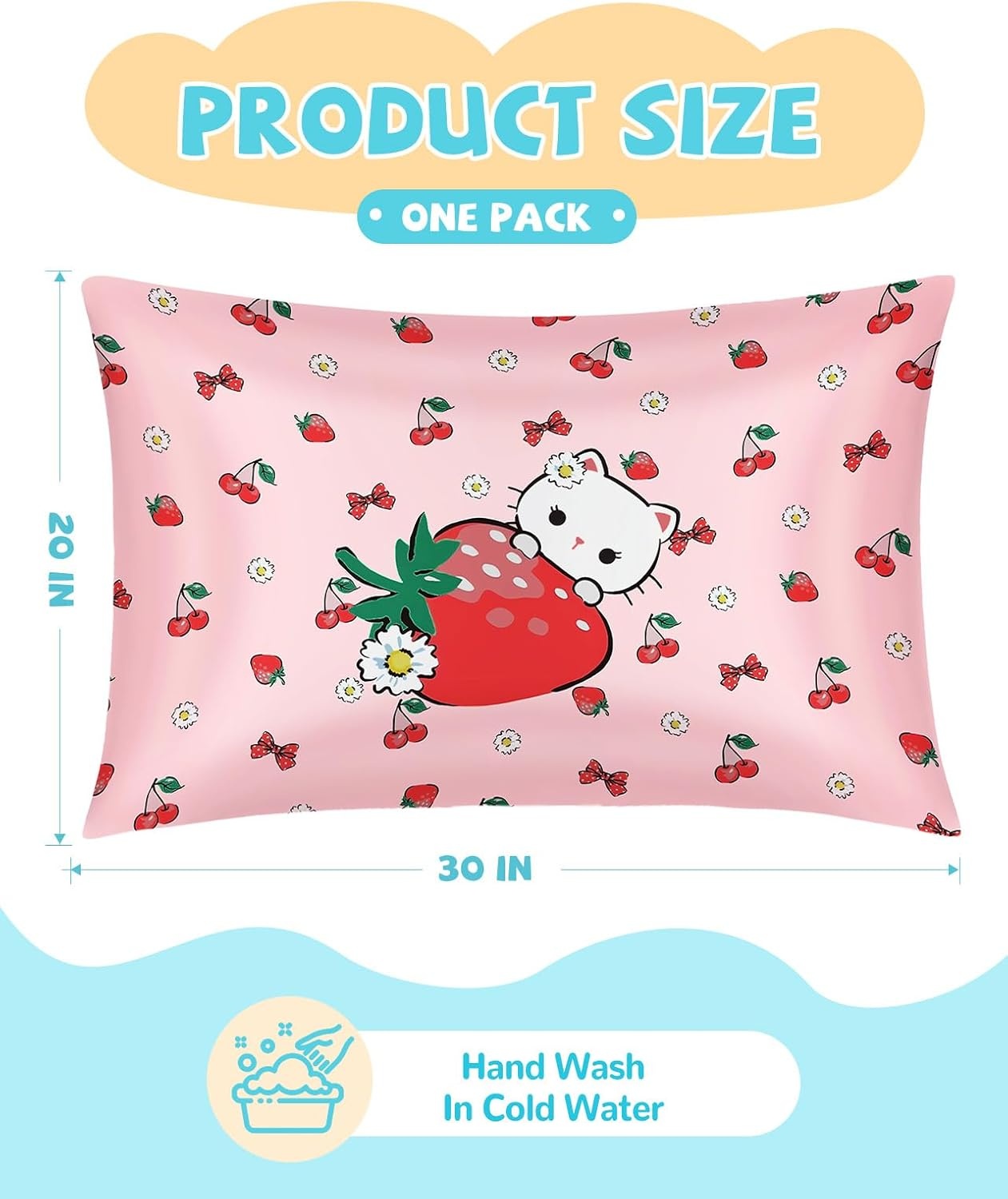 image:imageMiss Adola Kids Silk Pillowcase 1Pc Queen Size 30 x 20 Inches 19 Momme Mulberry Silk Pillow Case with Hidden Zipper for Toddlers Teens Girls Boys Hair and Skin Strawberry CatStrawberry Cat