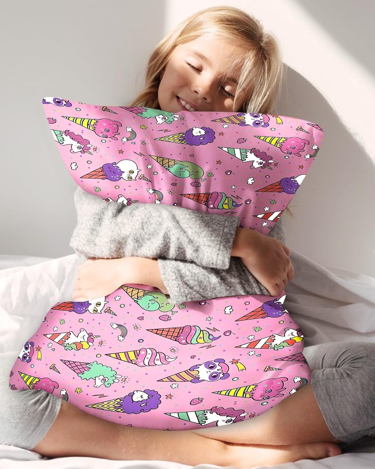 image:imageMiss Adola Kids Silk Pillowcase 1Pc Queen Size 30 x 20 Inches 19 Momme Mulberry Silk Pillow Case with Hidden Zipper for Toddlers Teens Girls Boys Hair and Skin Strawberry CatCream Unicorn