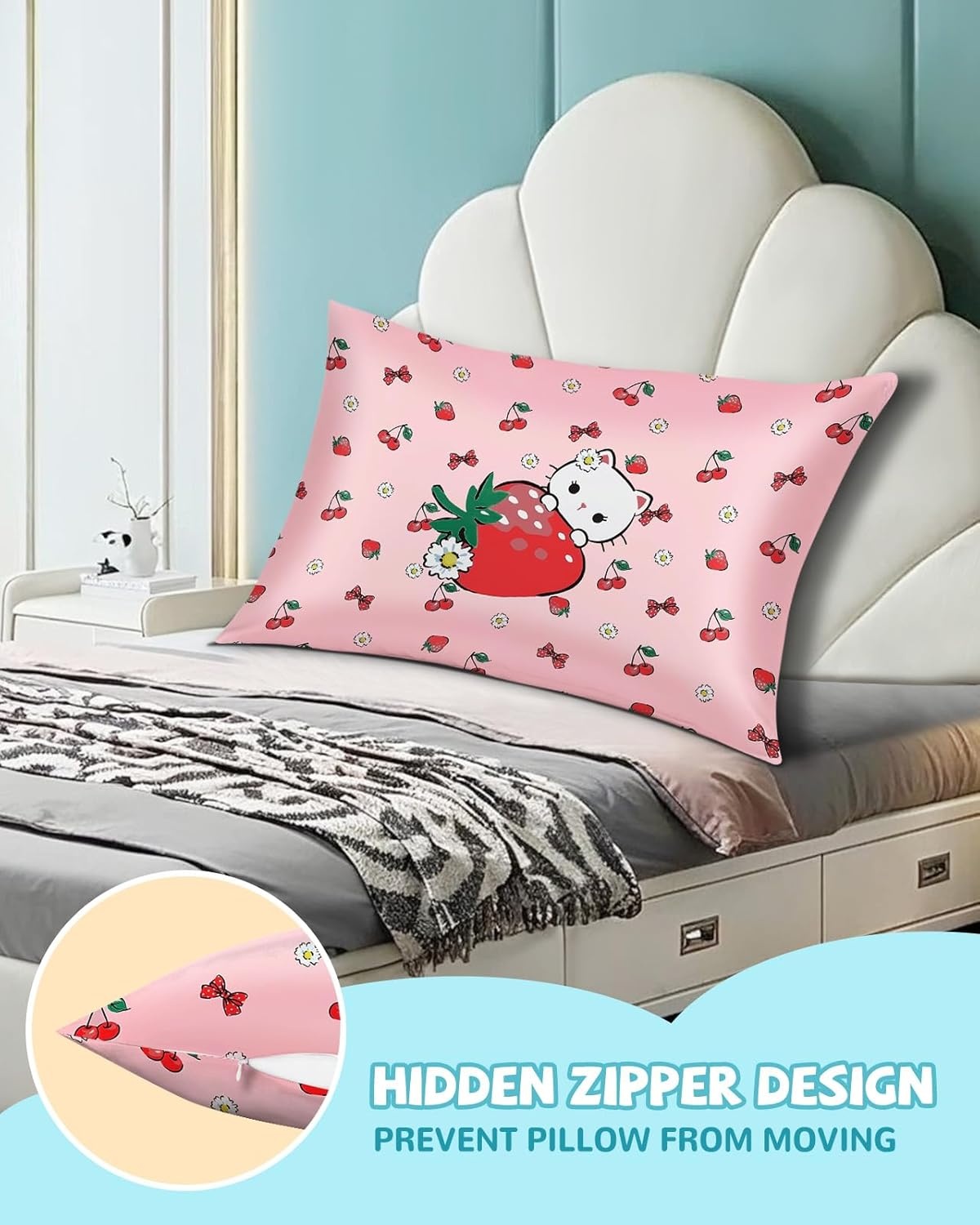 image:imageMiss Adola Kids Silk Pillowcase 1Pc Queen Size 30 x 20 Inches 19 Momme Mulberry Silk Pillow Case with Hidden Zipper for Toddlers Teens Girls Boys Hair and Skin Strawberry CatStrawberry Cat