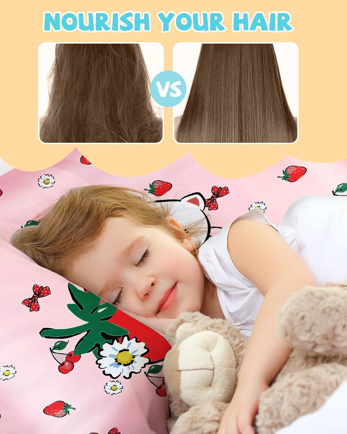 image:imageMiss Adola Kids Silk Pillowcase 1Pc Queen Size 30 x 20 Inches 19 Momme Mulberry Silk Pillow Case with Hidden Zipper for Toddlers Teens Girls Boys Hair and Skin Strawberry CatStrawberry Cat