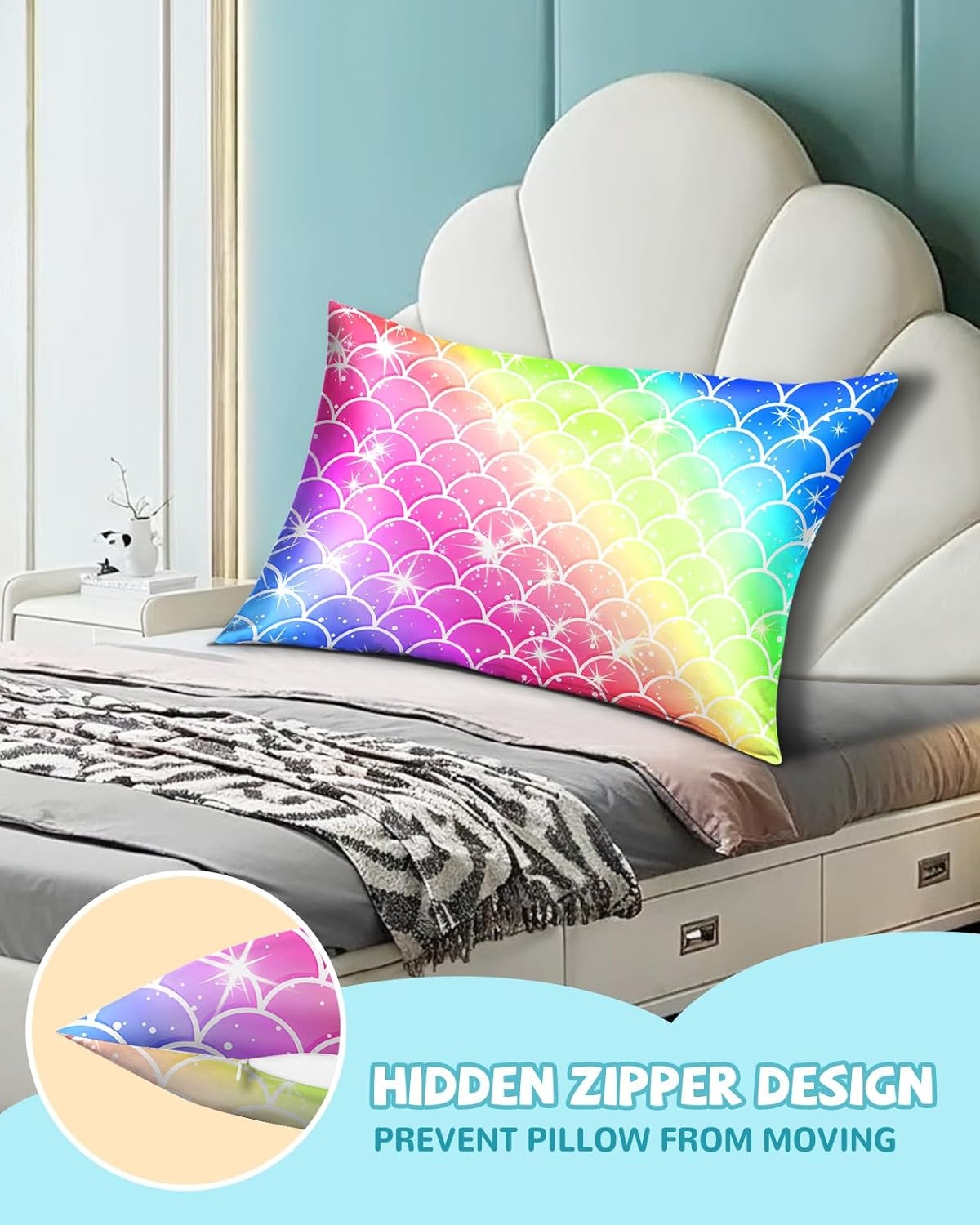 image:imageMiss Adola Kids Silk Pillowcase 1Pc Queen Size 30 x 20 Inches 19 Momme Mulberry Silk Pillow Case with Hidden Zipper for Toddlers Teens Girls Boys Hair and Skin Strawberry CatColorful Scales