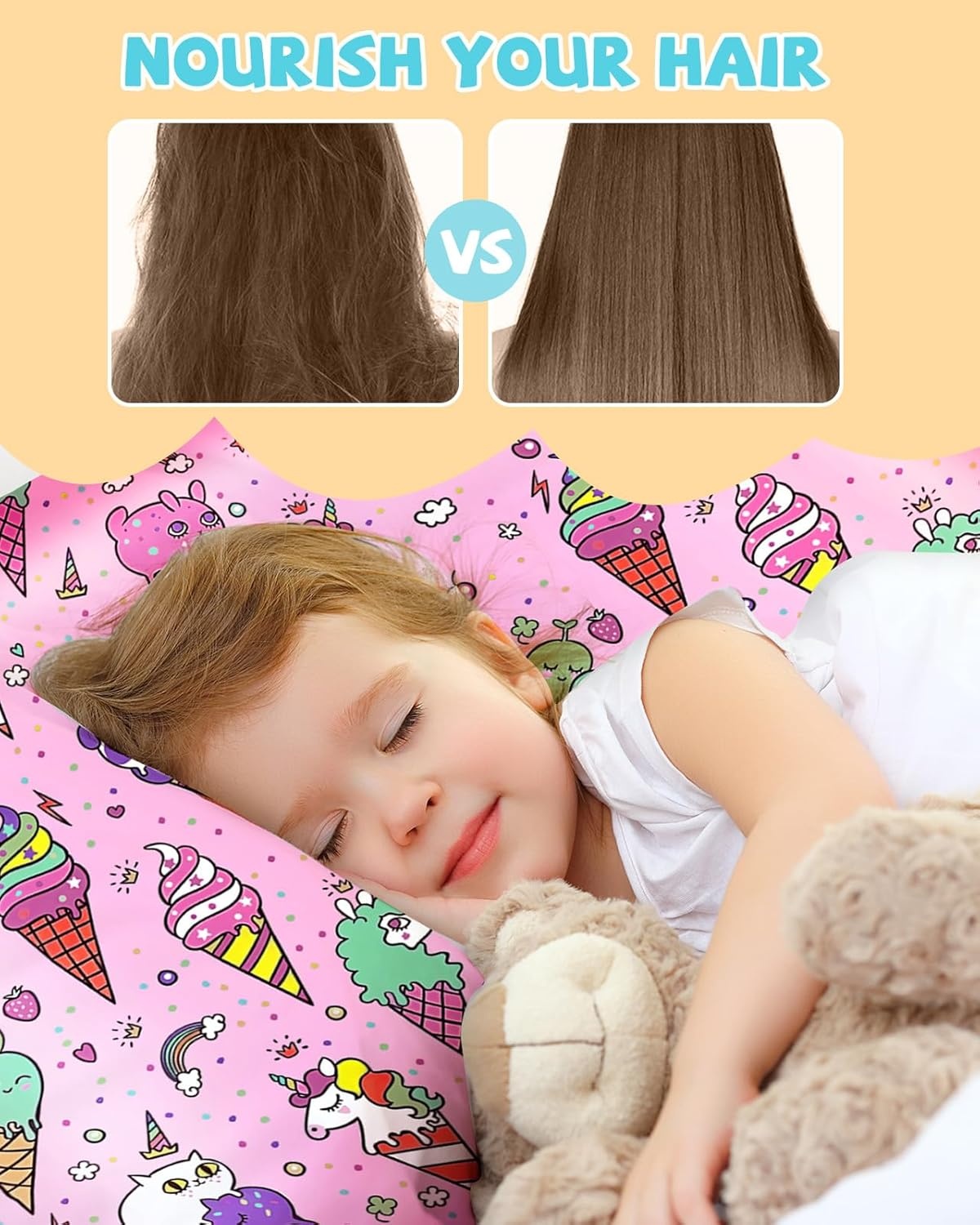image:imageMiss Adola Kids Silk Pillowcase 1Pc Queen Size 30 x 20 Inches 19 Momme Mulberry Silk Pillow Case with Hidden Zipper for Toddlers Teens Girls Boys Hair and Skin Strawberry CatCream Unicorn