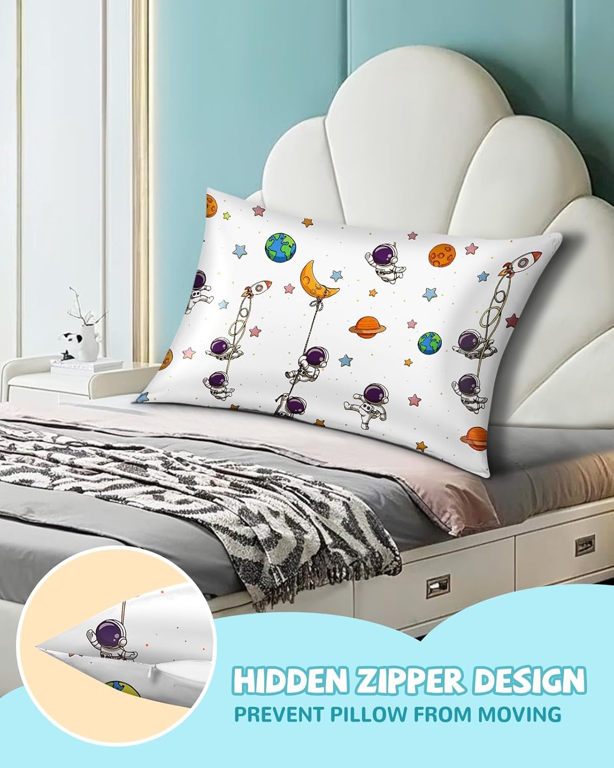 image:imageMiss Adola Kids Silk Pillowcase 1Pc Queen Size 30 x 20 Inches 19 Momme Mulberry Silk Pillow Case with Hidden Zipper for Toddlers Teens Girls Boys Hair and Skin Strawberry CatWhite Astronaut