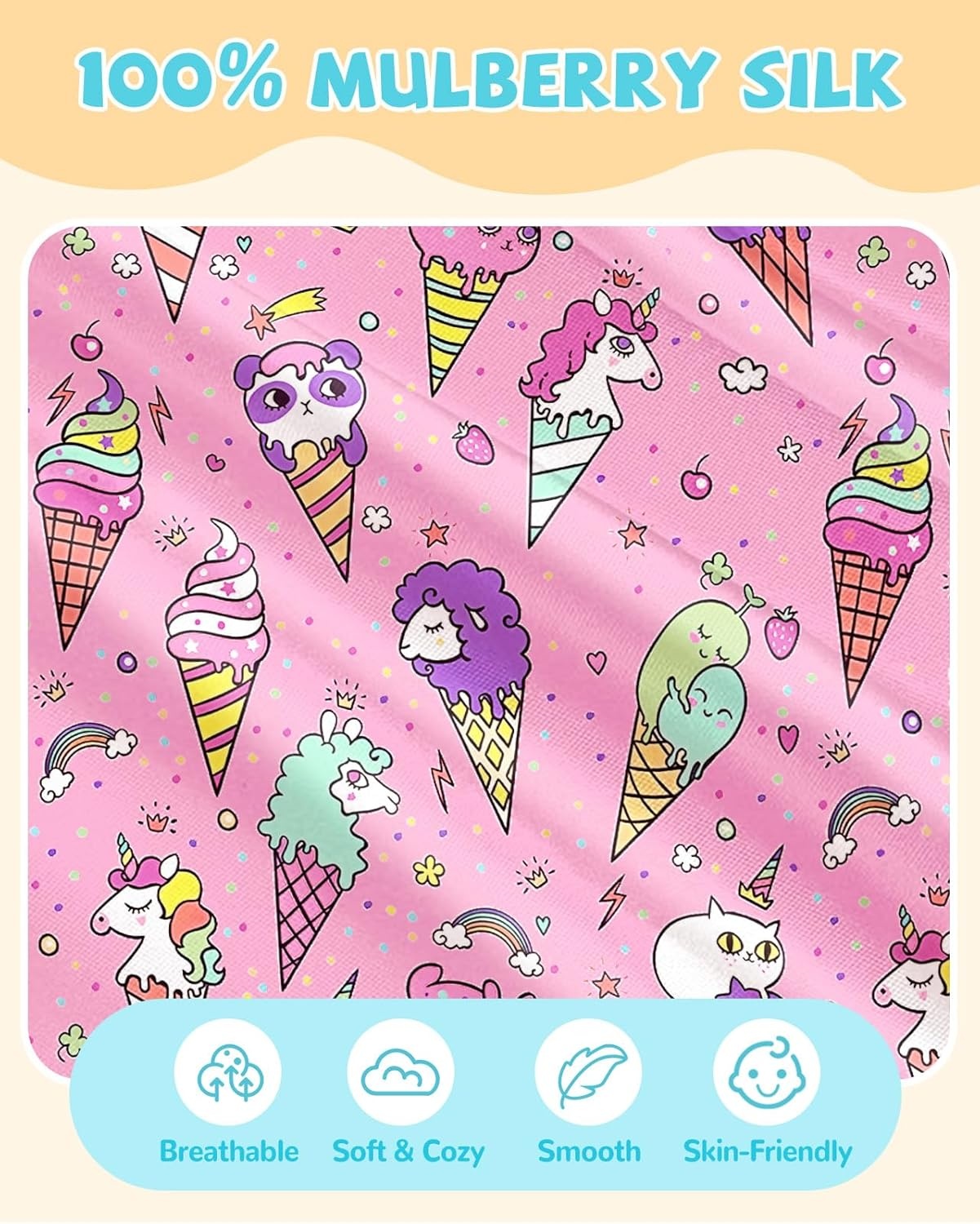 image:imageMiss Adola Kids Silk Pillowcase 1Pc Queen Size 30 x 20 Inches 19 Momme Mulberry Silk Pillow Case with Hidden Zipper for Toddlers Teens Girls Boys Hair and Skin Strawberry CatCream Unicorn