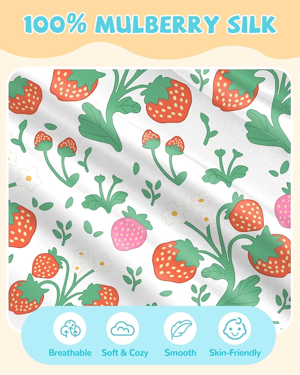 image:imageMiss Adola Kids Silk Pillowcase 1Pc Queen Size 30 x 20 Inches 19 Momme Mulberry Silk Pillow Case with Hidden Zipper for Toddlers Teens Girls Boys Hair and Skin Strawberry CatTwo Color Strawberry