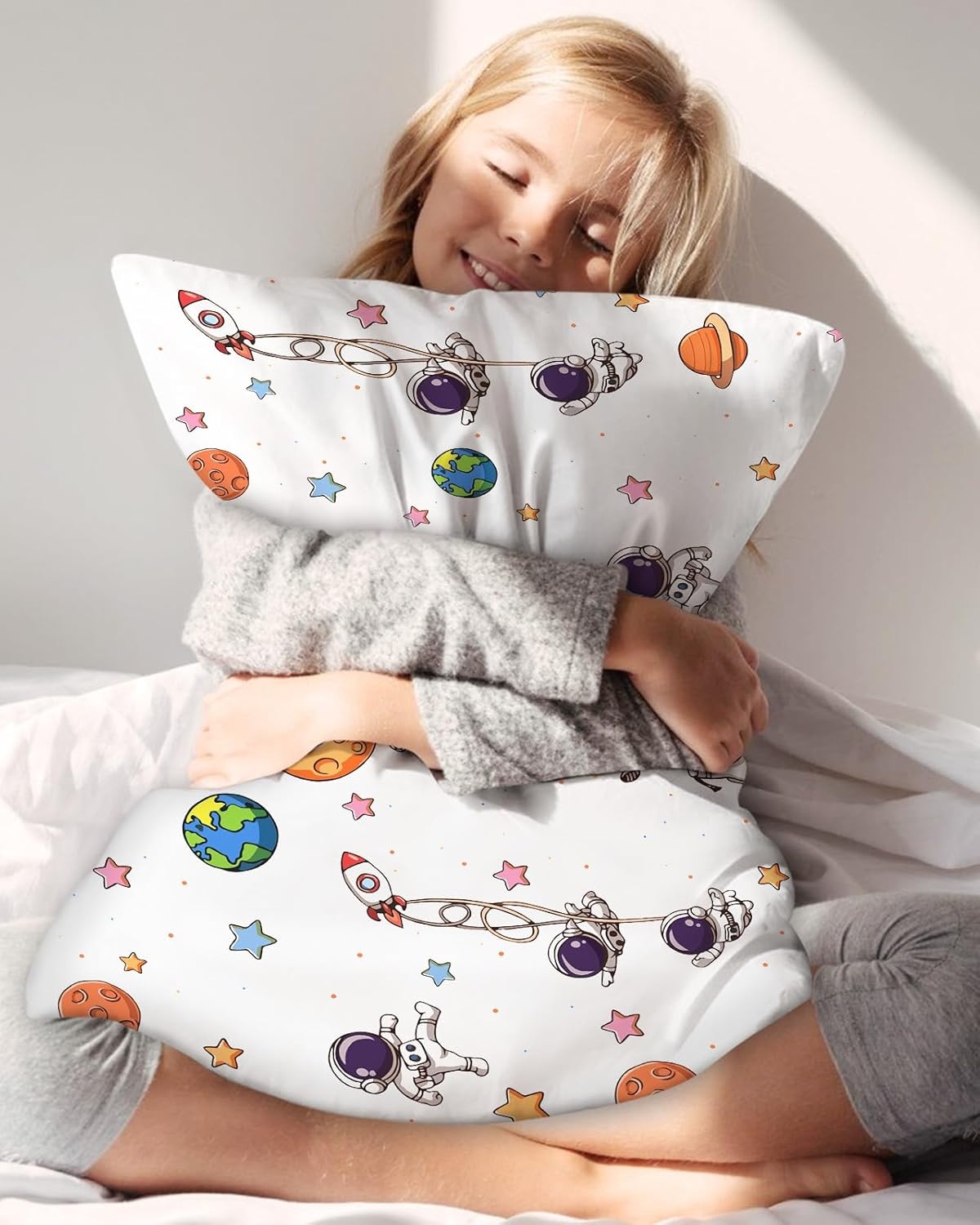 image:imageMiss Adola Kids Silk Pillowcase 1Pc Queen Size 30 x 20 Inches 19 Momme Mulberry Silk Pillow Case with Hidden Zipper for Toddlers Teens Girls Boys Hair and Skin Strawberry CatWhite Astronaut