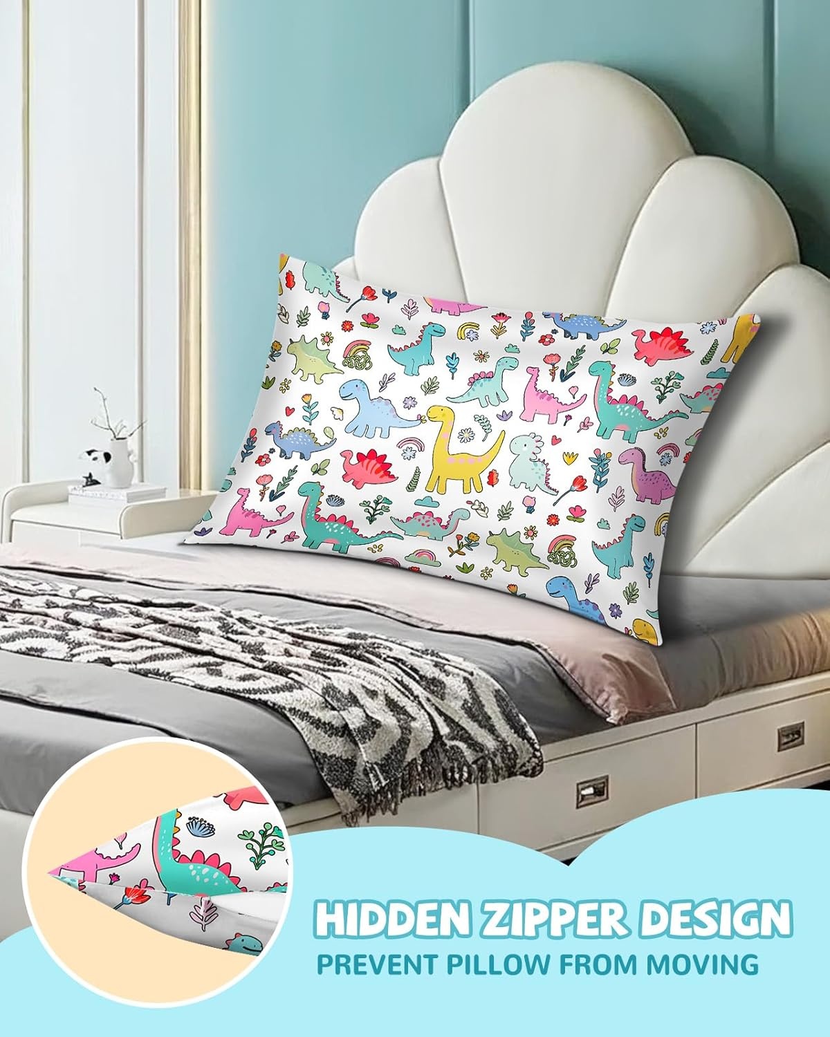 image:imageMiss Adola Kids Silk Pillowcase 1Pc Queen Size 30 x 20 Inches 19 Momme Mulberry Silk Pillow Case with Hidden Zipper for Toddlers Teens Girls Boys Hair and Skin Strawberry CatColorful Dinosaur