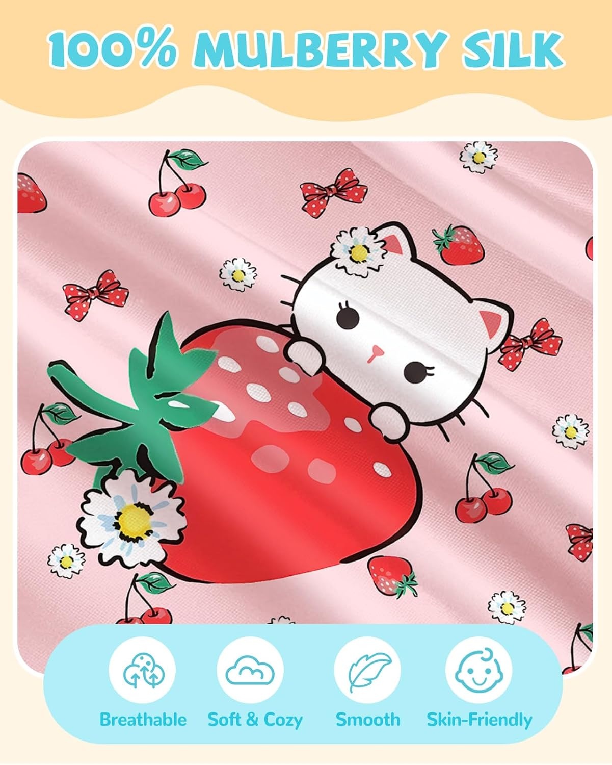 image:imageMiss Adola Kids Silk Pillowcase 1Pc Queen Size 30 x 20 Inches 19 Momme Mulberry Silk Pillow Case with Hidden Zipper for Toddlers Teens Girls Boys Hair and Skin Strawberry CatStrawberry Cat