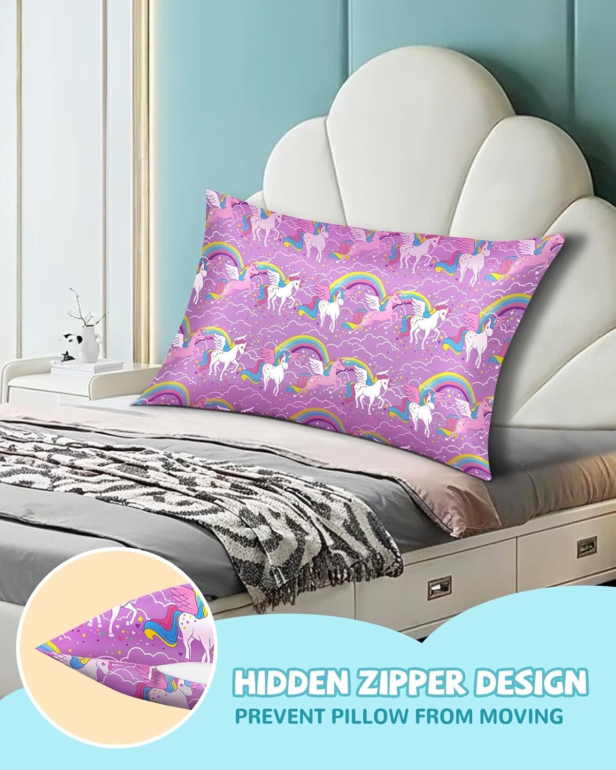 image:imageMiss Adola Kids Silk Pillowcase 1Pc Queen Size 30 x 20 Inches 19 Momme Mulberry Silk Pillow Case with Hidden Zipper for Toddlers Teens Girls Boys Hair and Skin Strawberry CatRainbow Unicorn
