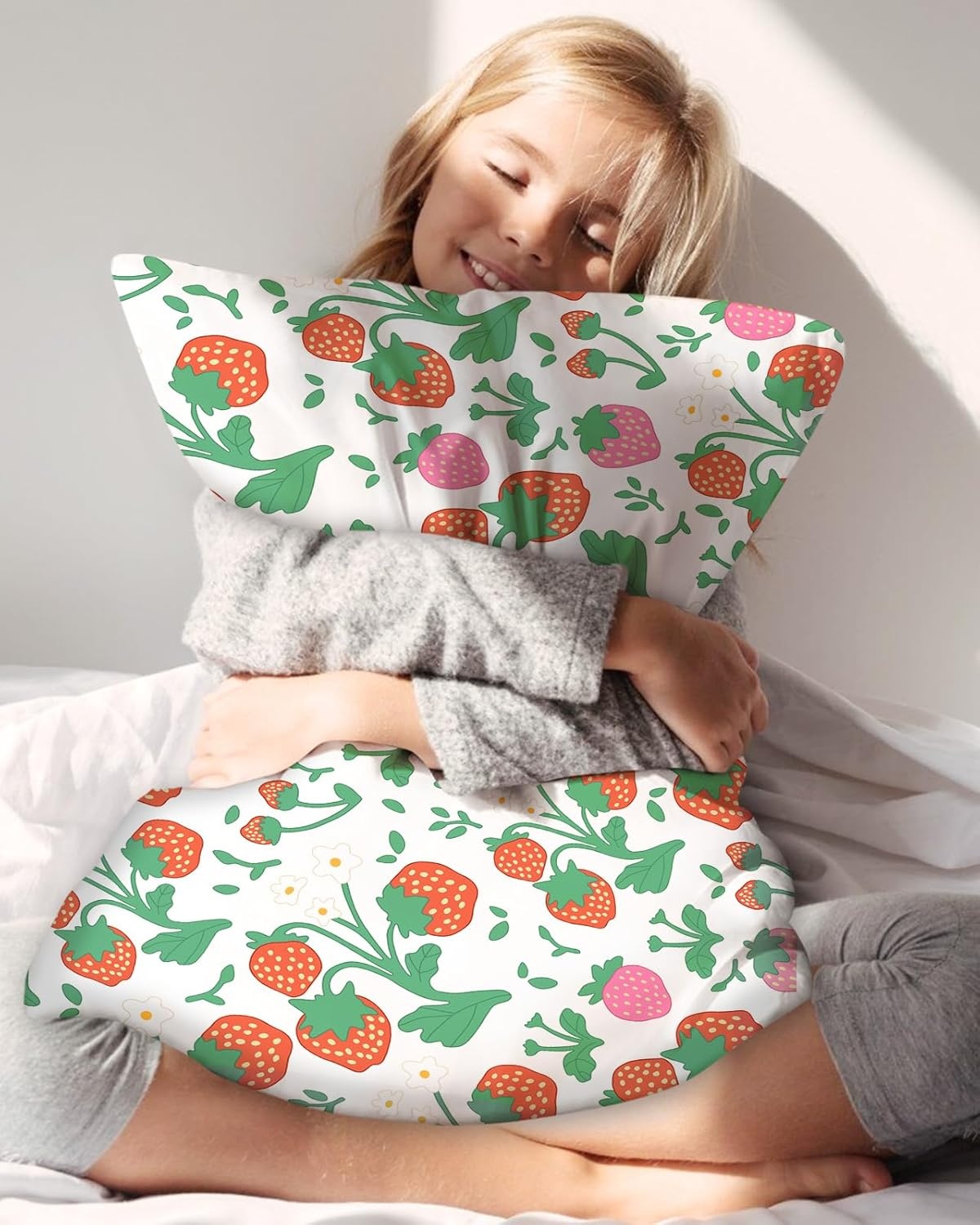 image:imageMiss Adola Kids Silk Pillowcase 1Pc Queen Size 30 x 20 Inches 19 Momme Mulberry Silk Pillow Case with Hidden Zipper for Toddlers Teens Girls Boys Hair and Skin Strawberry CatTwo Color Strawberry