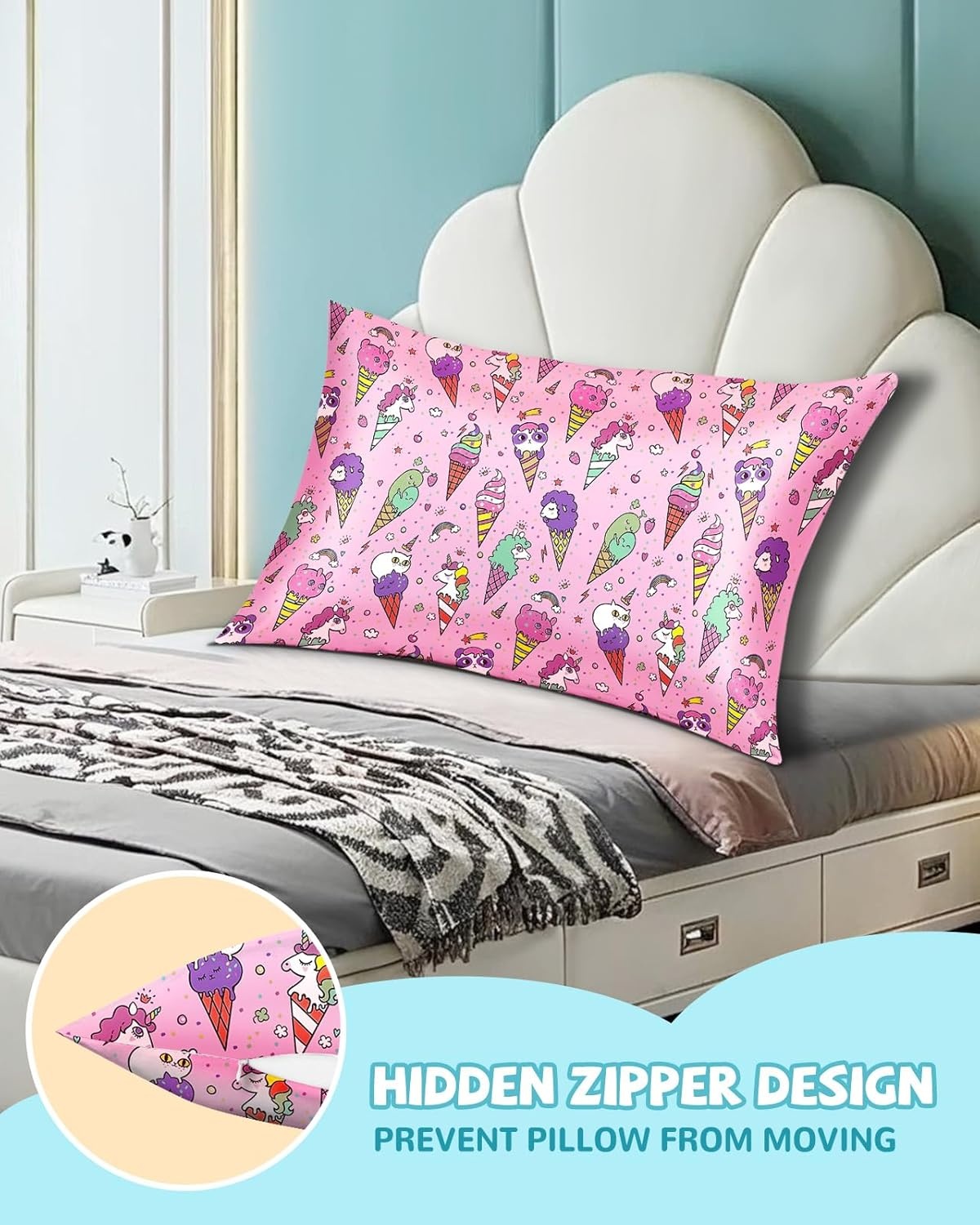 image:imageMiss Adola Kids Silk Pillowcase 1Pc Queen Size 30 x 20 Inches 19 Momme Mulberry Silk Pillow Case with Hidden Zipper for Toddlers Teens Girls Boys Hair and Skin Strawberry CatCream Unicorn