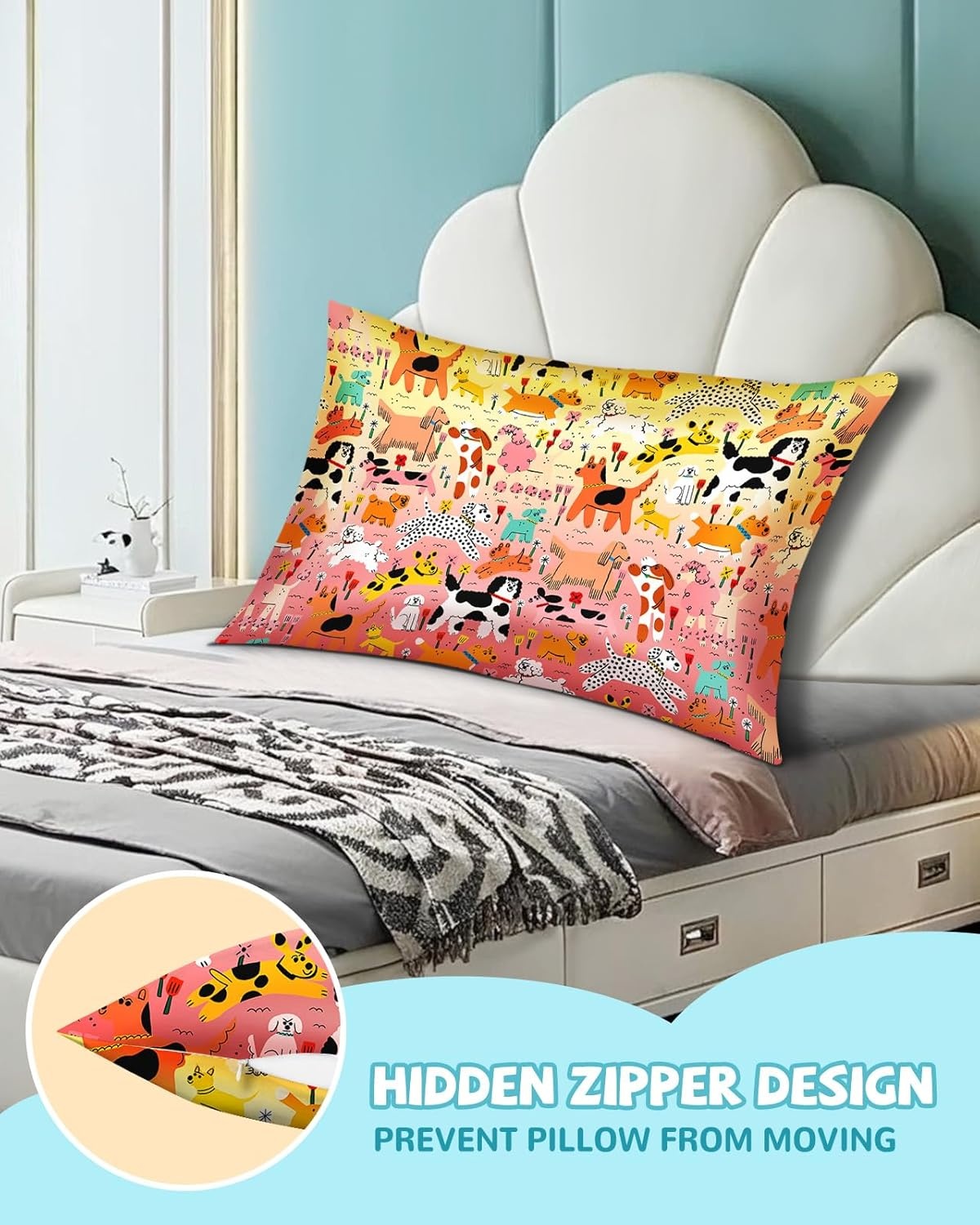 image:imageMiss Adola Kids Silk Pillowcase 1Pc Queen Size 30 x 20 Inches 19 Momme Mulberry Silk Pillow Case with Hidden Zipper for Toddlers Teens Girls Boys Hair and Skin Strawberry CatPuppy Series