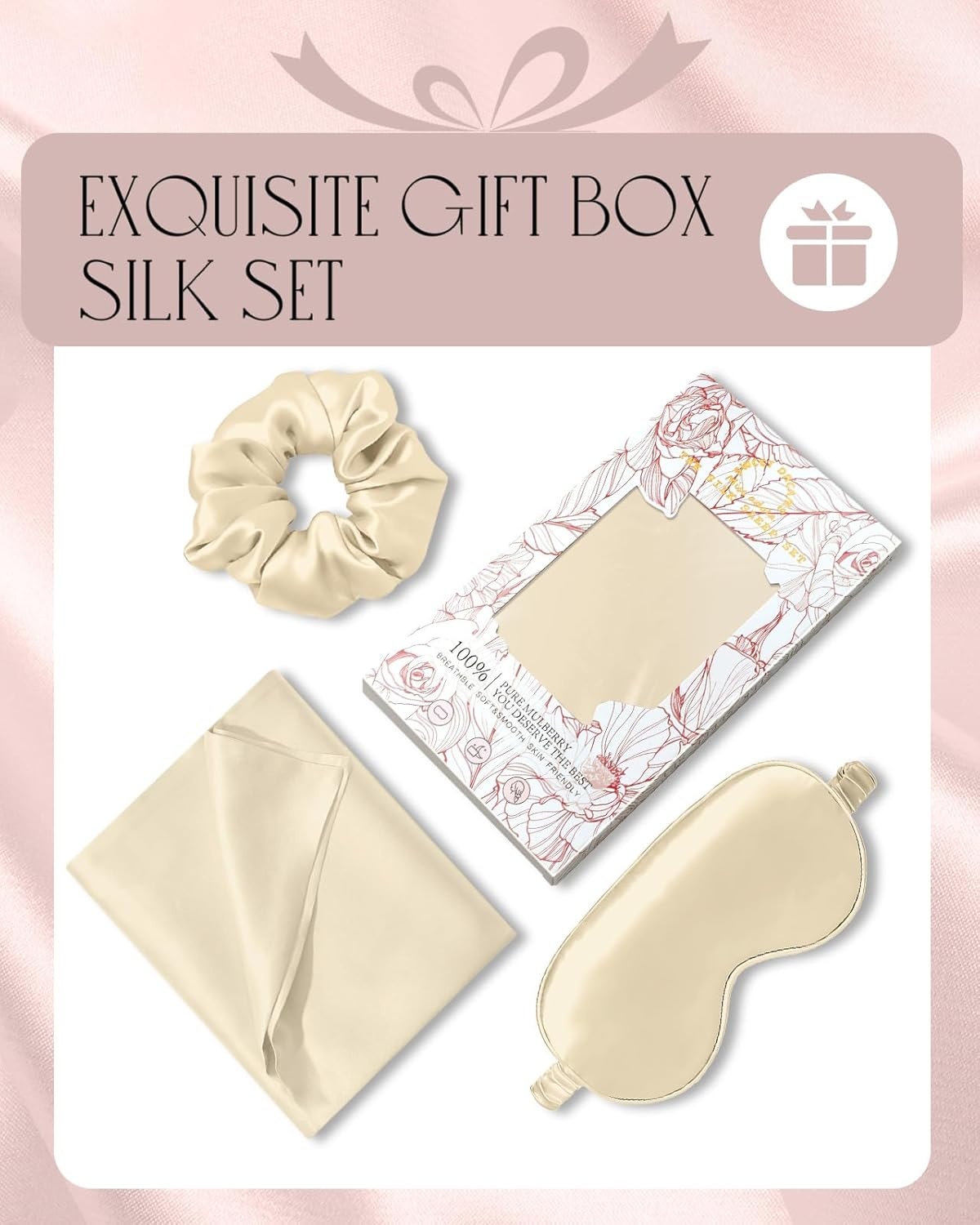 image:imageMiss Adola Mulberry Silk Pillowcase Set 1 Pc Silk Pillowcase with Eye Mask amp Scrunchie Soft Standard 20x26 Pillow Case for Hair and Skin Sleeping Gift for Women Blush PinkGold