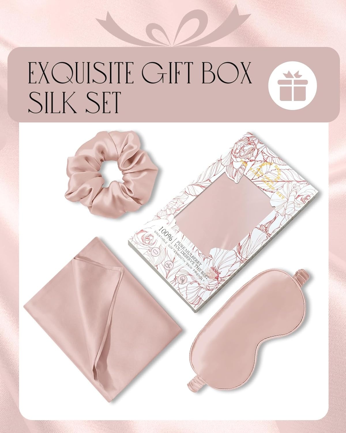 image:imageMiss Adola Mulberry Silk Pillowcase Set 1 Pc Silk Pillowcase with Eye Mask amp Scrunchie Soft Standard 20x26 Pillow Case for Hair and Skin Sleeping Gift for Women Blush PinkPink