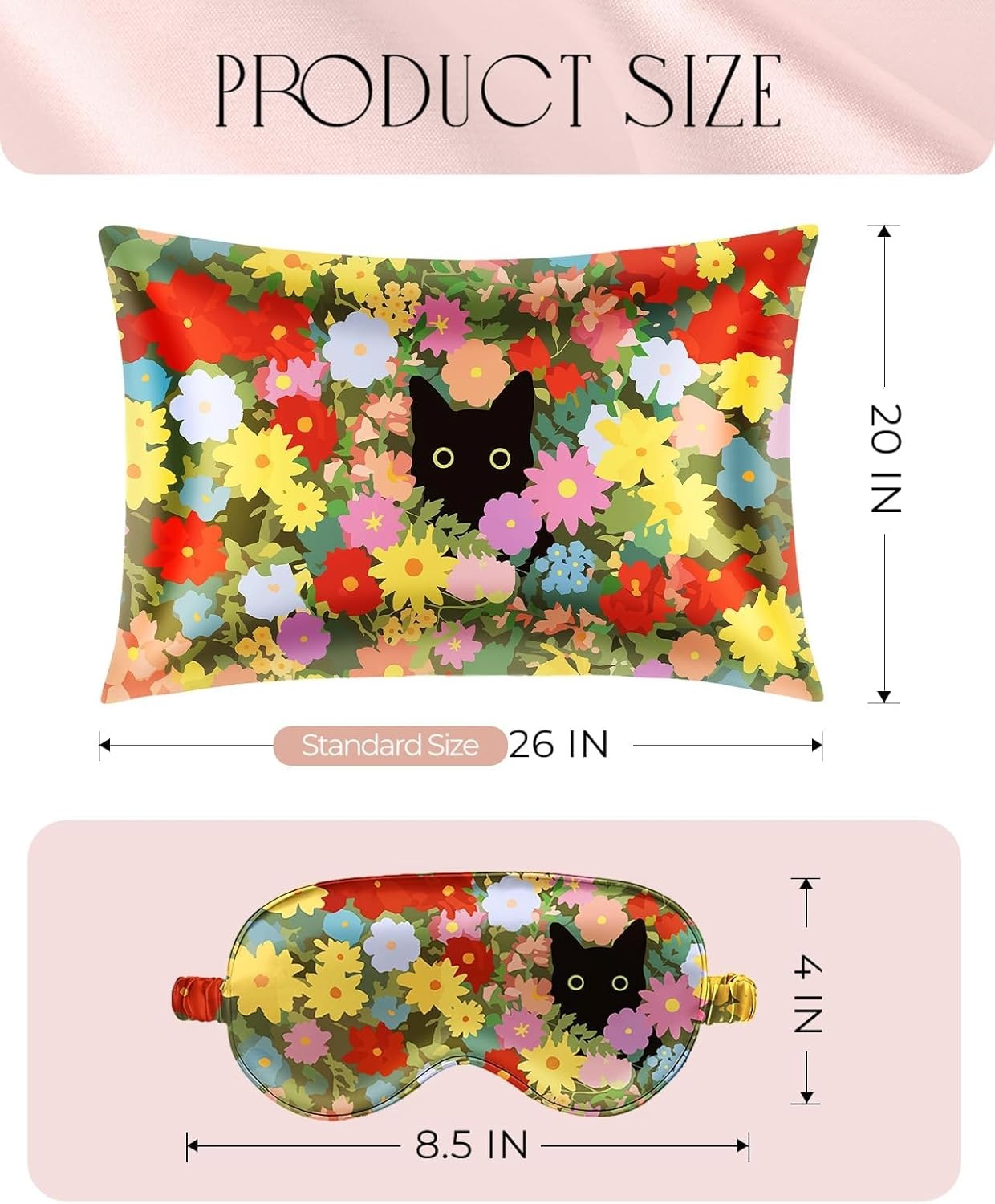 image:imageMiss Adola Mulberry Silk Pillowcase Set 1 Pc Silk Pillowcase with Eye Mask amp Scrunchie Soft Standard 20x26 Pillow Case for Hair and Skin Sleeping Gift for Women Blush PinkCat in Flower
