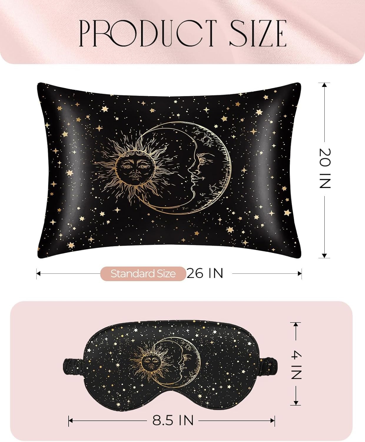 image:imageMiss Adola Mulberry Silk Pillowcase Set 1 Pc Silk Pillowcase with Eye Mask amp Scrunchie Soft Standard 20x26 Pillow Case for Hair and Skin Sleeping Gift for Women Blush PinkBlack Sun Moon