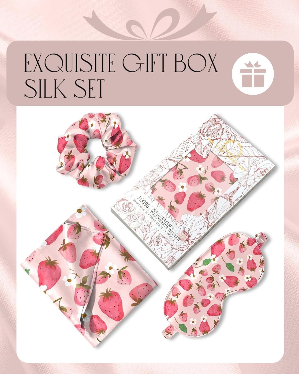 image:imageMiss Adola Mulberry Silk Pillowcase Set 1 Pc Silk Pillowcase with Eye Mask amp Scrunchie Soft Standard 20x26 Pillow Case for Hair and Skin Sleeping Gift for Women Blush PinkStrawberry Flower
