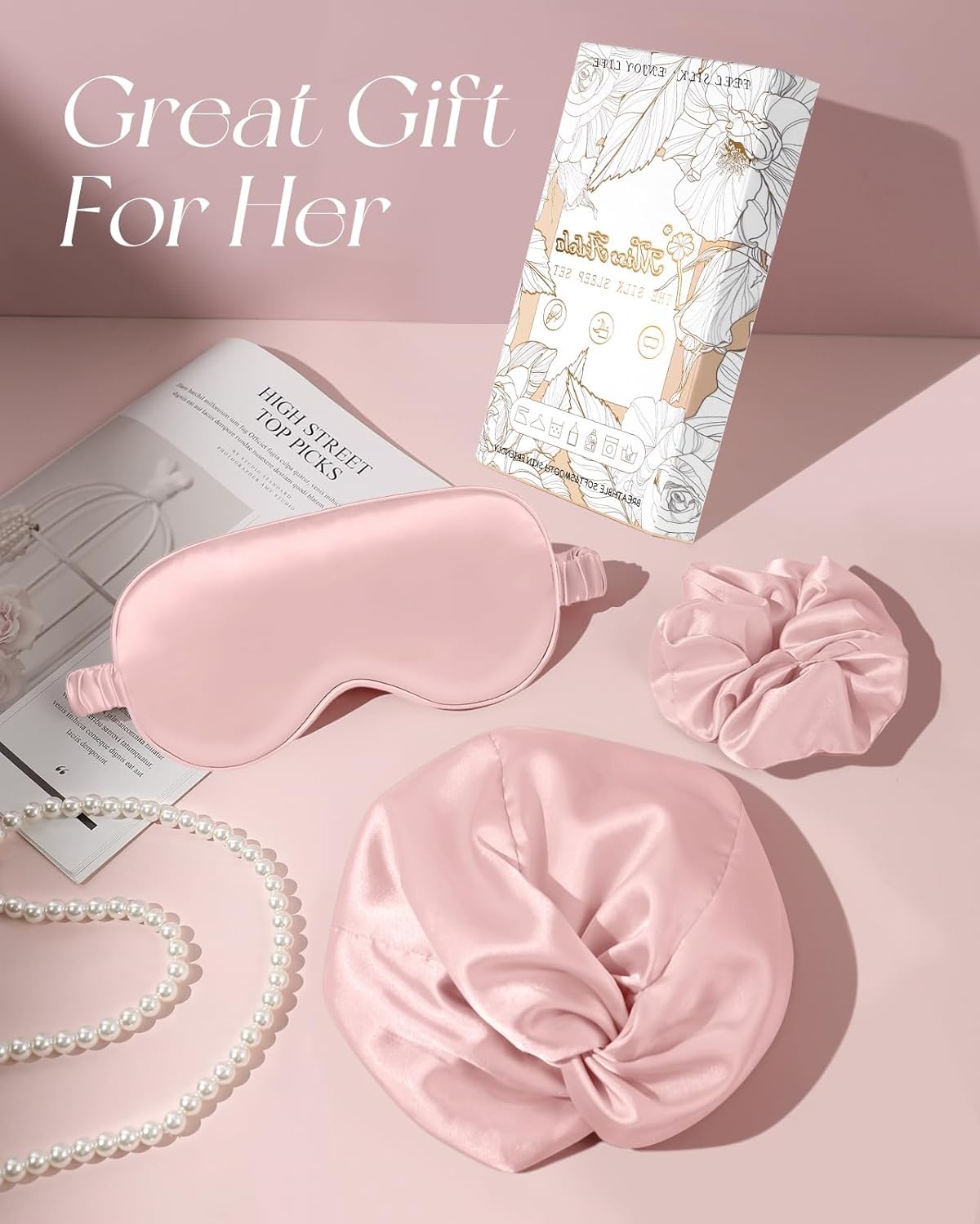 image:imageMiss Adola Silk Bonnet for Women Mulberry Silk Sleep Cap for Hair Care with Eye Mask amp Scrunchie 19 Momme Night Cap Sleeping Set with Elastic Stay On Head Light PkLight Pink