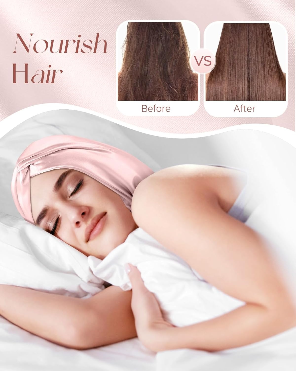 image:imageMiss Adola Silk Bonnet for Women Mulberry Silk Sleep Cap for Hair Care with Eye Mask amp Scrunchie 19 Momme Night Cap Sleeping Set with Elastic Stay On Head Light PkLight Pink