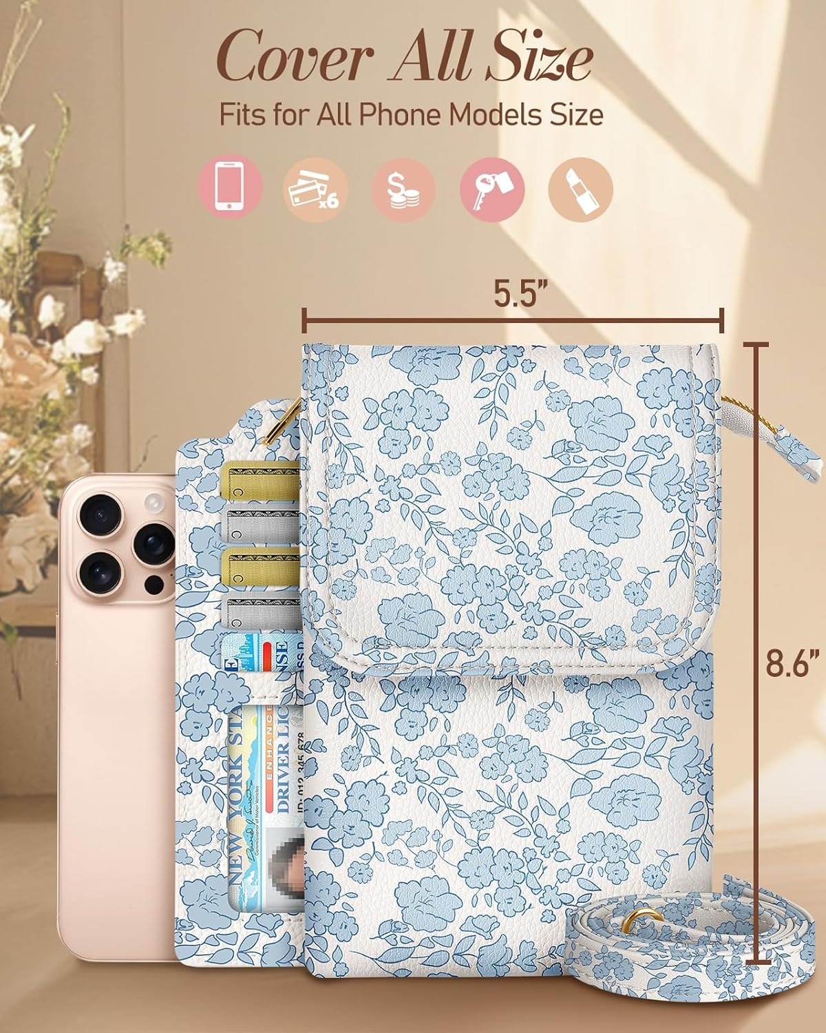 image:imageMiss Adola Small Crossbody Phone Purse for Women Cute Cell Phone Wallet Leather Cross Body Bags with Card Holder SlotBlue Flower