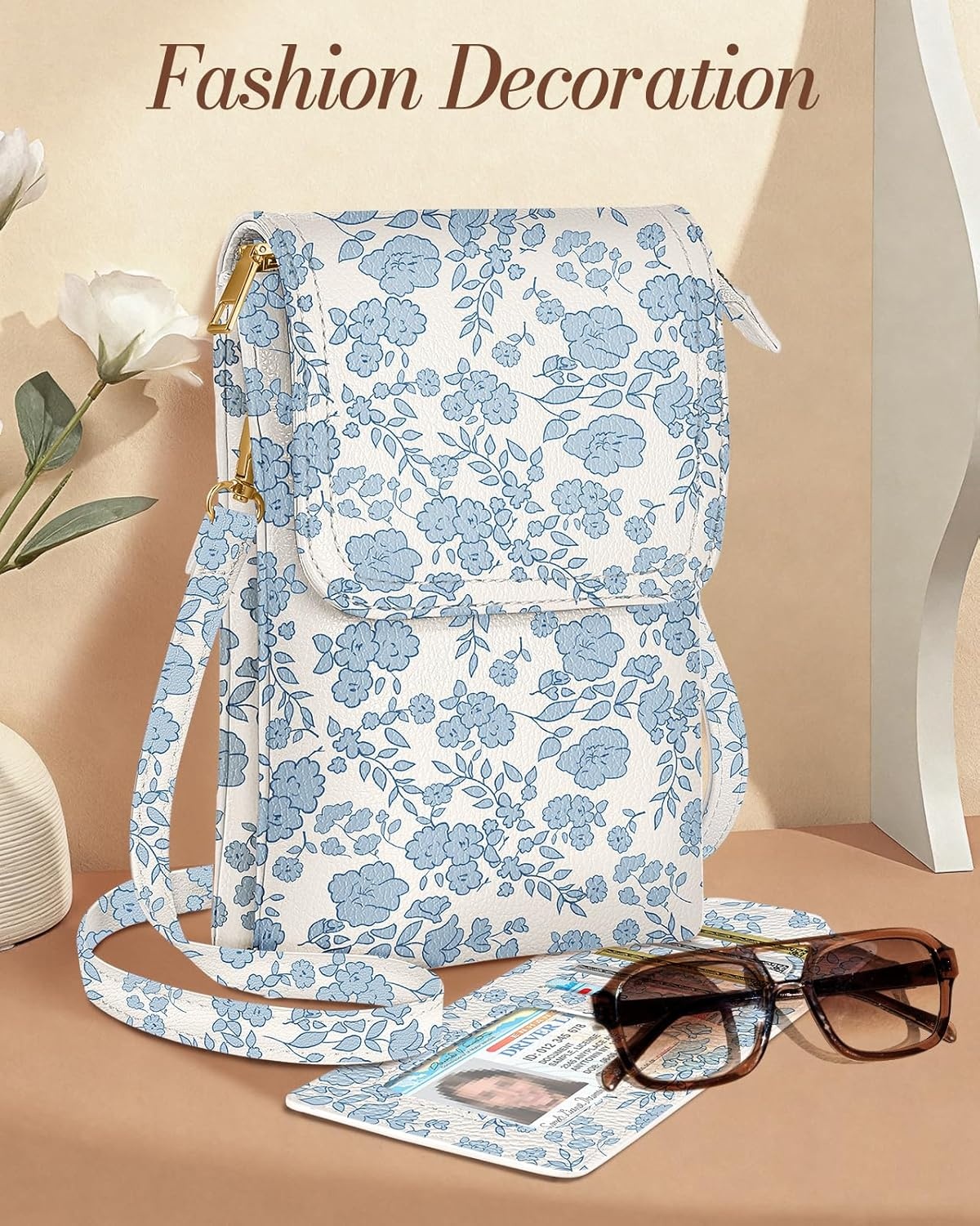 image:imageMiss Adola Small Crossbody Phone Purse for Women Cute Cell Phone Wallet Leather Cross Body Bags with Card Holder SlotBlue Flower
