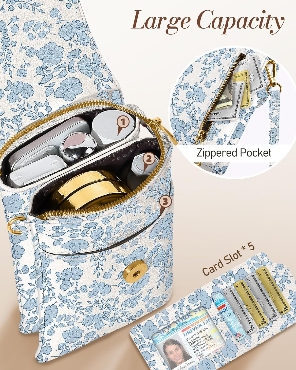 image:imageMiss Adola Small Crossbody Phone Purse for Women Cute Cell Phone Wallet Leather Cross Body Bags with Card Holder SlotBlue Flower