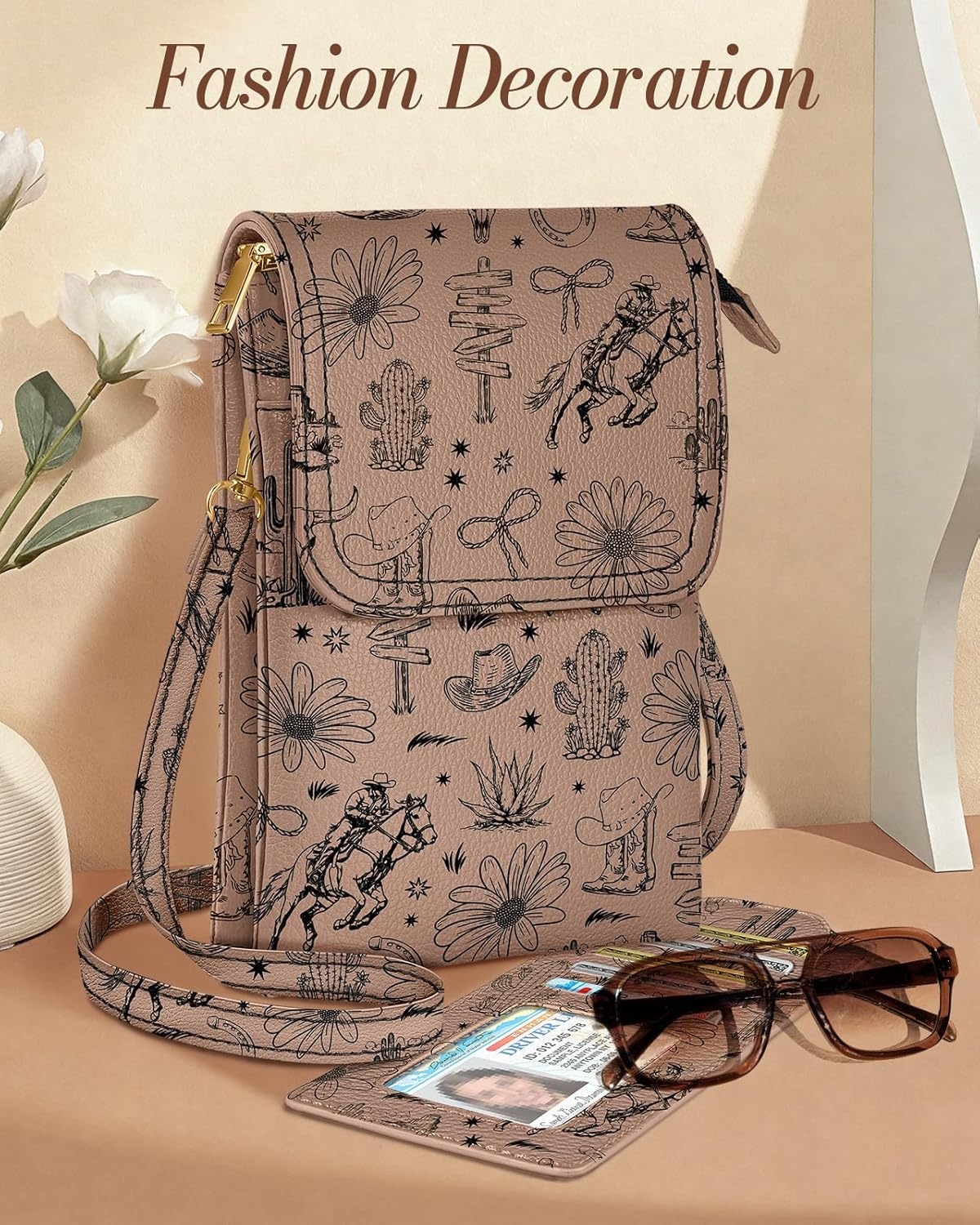 image:imageMiss Adola Small Crossbody Phone Purse for Women Cute Cell Phone Wallet Leather Cross Body Bags with Card Holder SlotBrown Plant