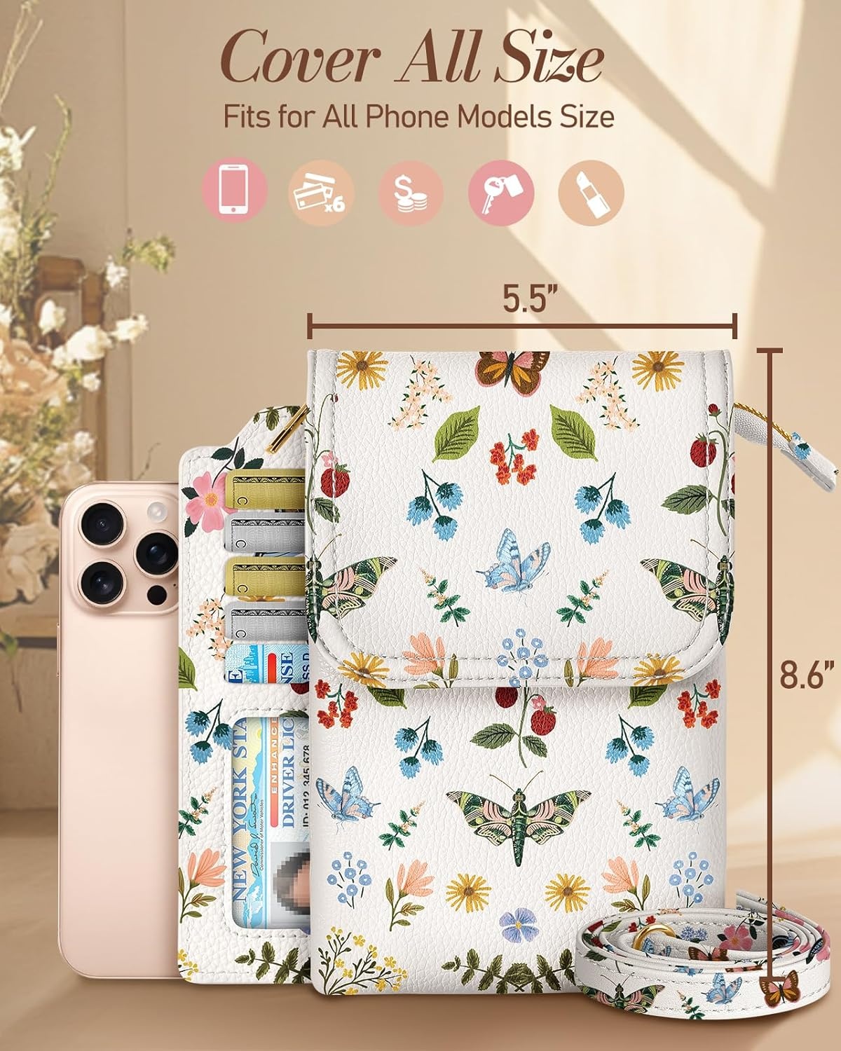 image:imageMiss Adola Small Crossbody Phone Purse for Women Cute Cell Phone Wallet Leather Cross Body Bags with Card Holder SlotButterfly Flower