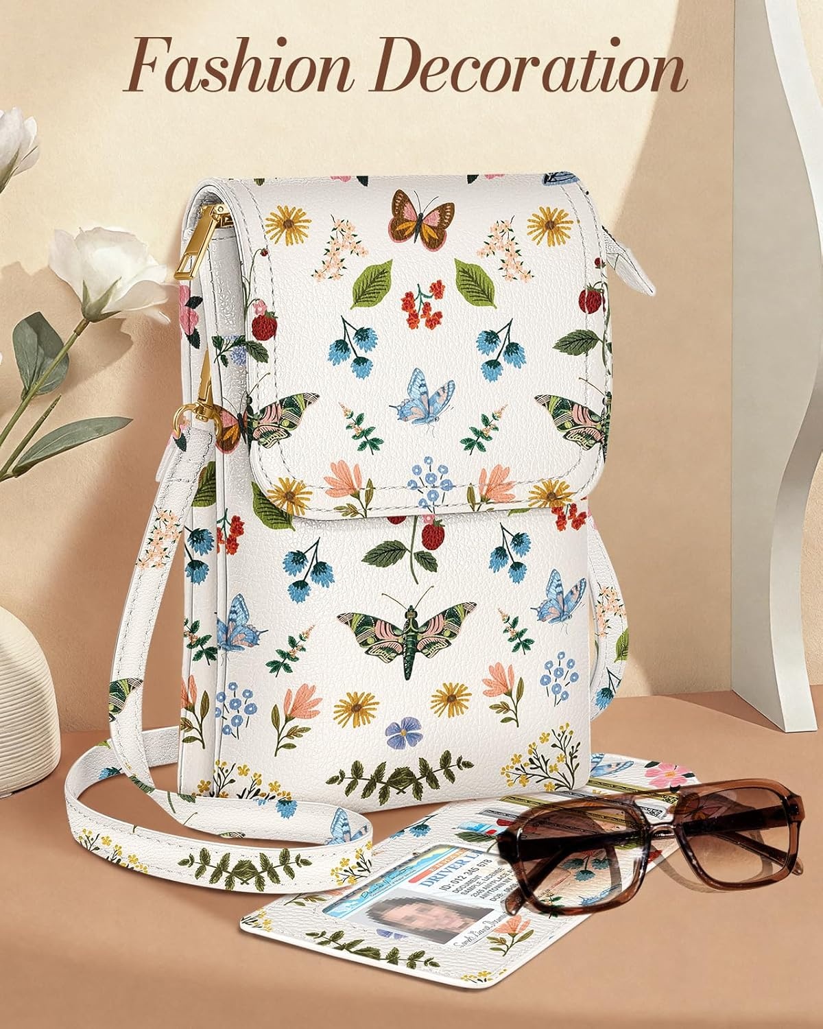 image:imageMiss Adola Small Crossbody Phone Purse for Women Cute Cell Phone Wallet Leather Cross Body Bags with Card Holder SlotButterfly Flower
