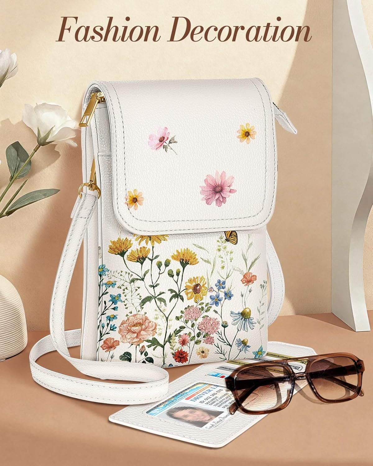 image:imageMiss Adola Small Crossbody Phone Purse for Women Cute Cell Phone Wallet Leather Cross Body Bags with Card Holder SlotVintage Flower