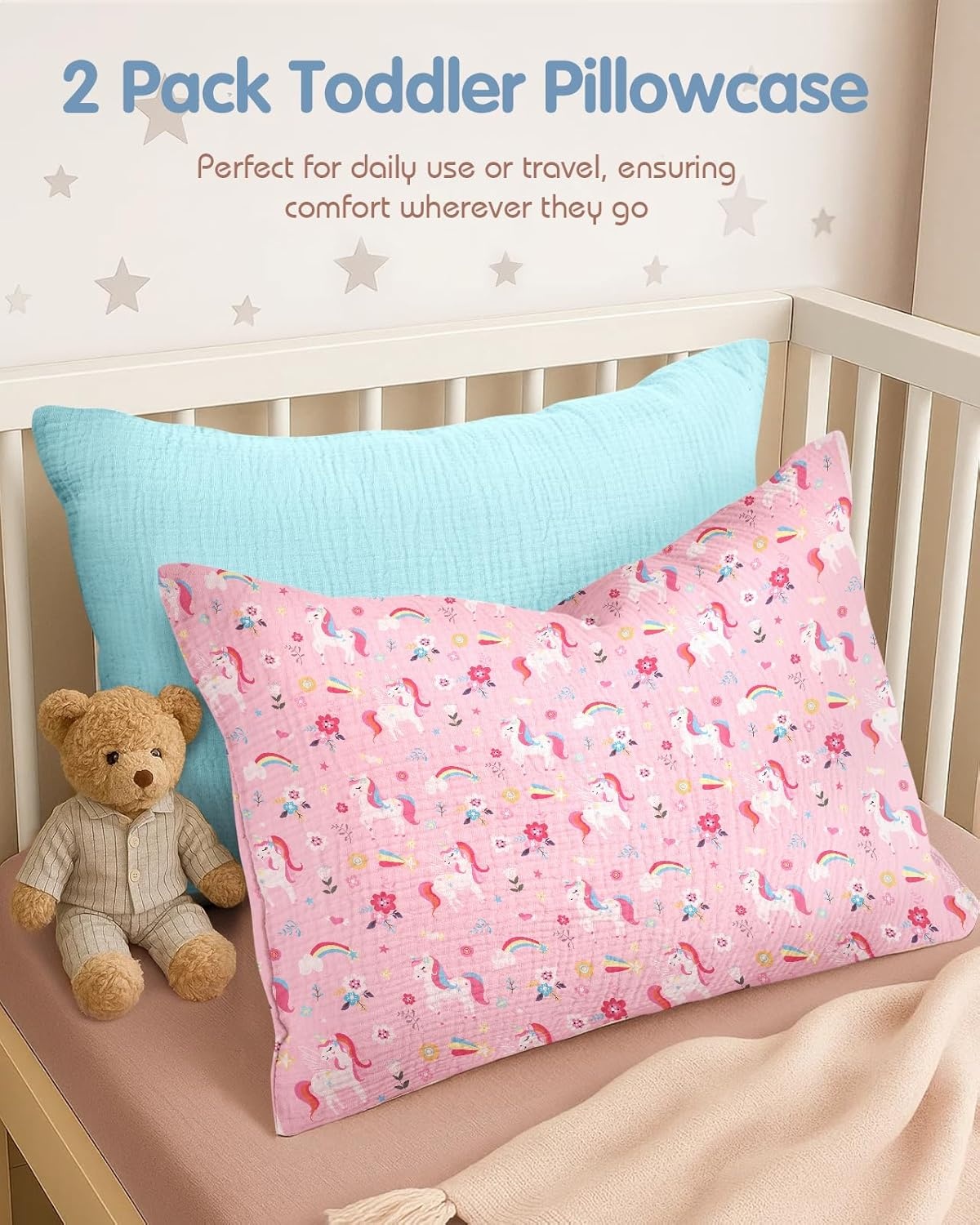 image:imageMiss Adola UltraSoft Cotton Toddler Pillowcase Set of 2 13x18 Breathable Kids Pillow Cases for Sensitive Skin Cute Cartoon with Envelope Closure for Baby Boys Girls Mermaids amp Sky BlueFlower Unicorn