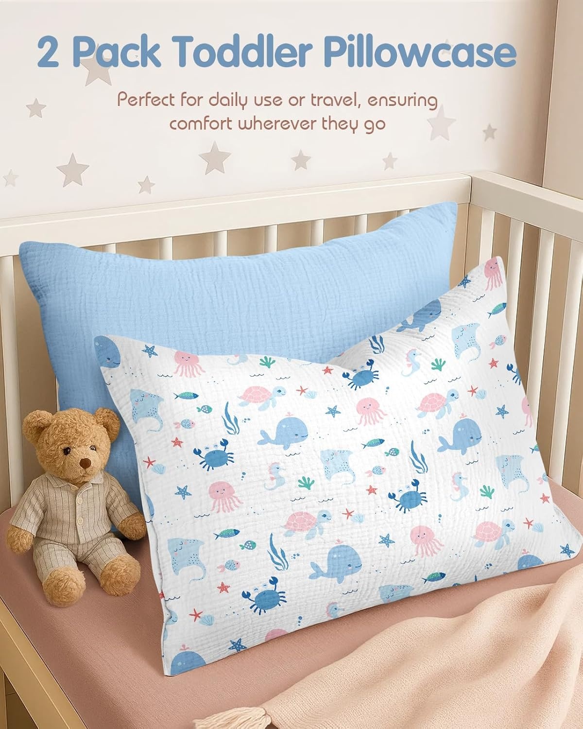 image:imageMiss Adola UltraSoft Cotton Toddler Pillowcase Set of 2 13x18 Breathable Kids Pillow Cases for Sensitive Skin Cute Cartoon with Envelope Closure for Baby Boys Girls Mermaids amp Sky BlueCartoon Ocean