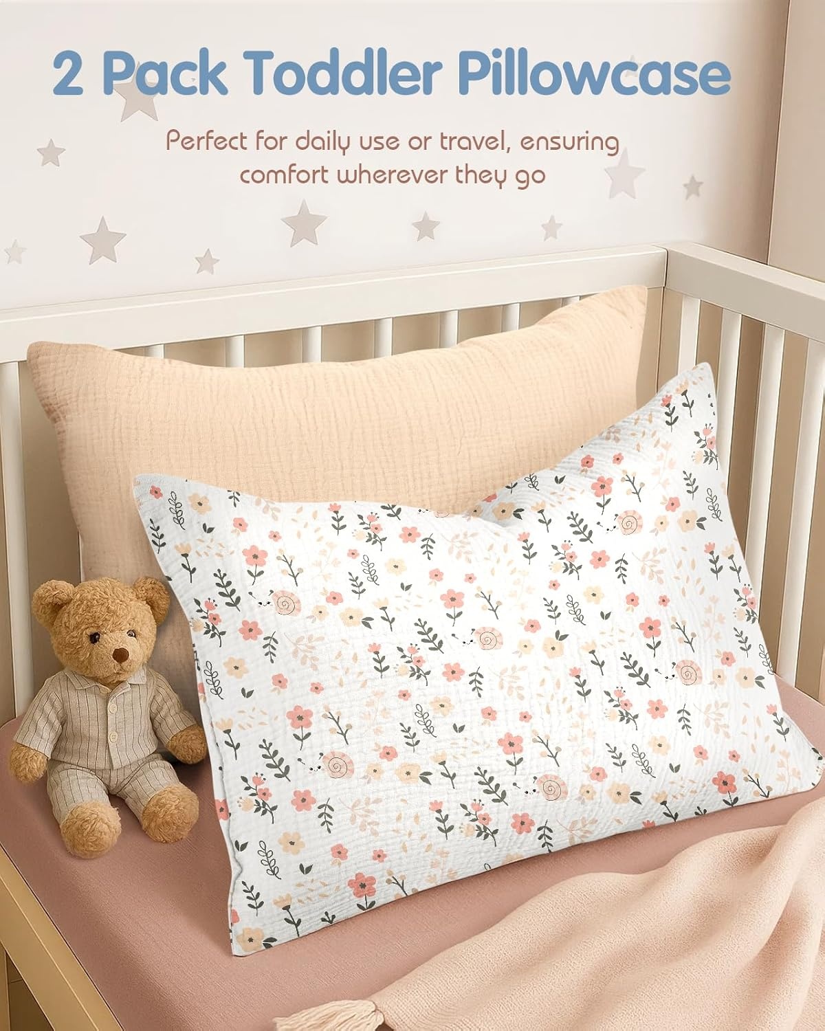 image:imageMiss Adola UltraSoft Cotton Toddler Pillowcase Set of 2 13x18 Breathable Kids Pillow Cases for Sensitive Skin Cute Cartoon with Envelope Closure for Baby Boys Girls Mermaids amp Sky BlueSnail PK Flower