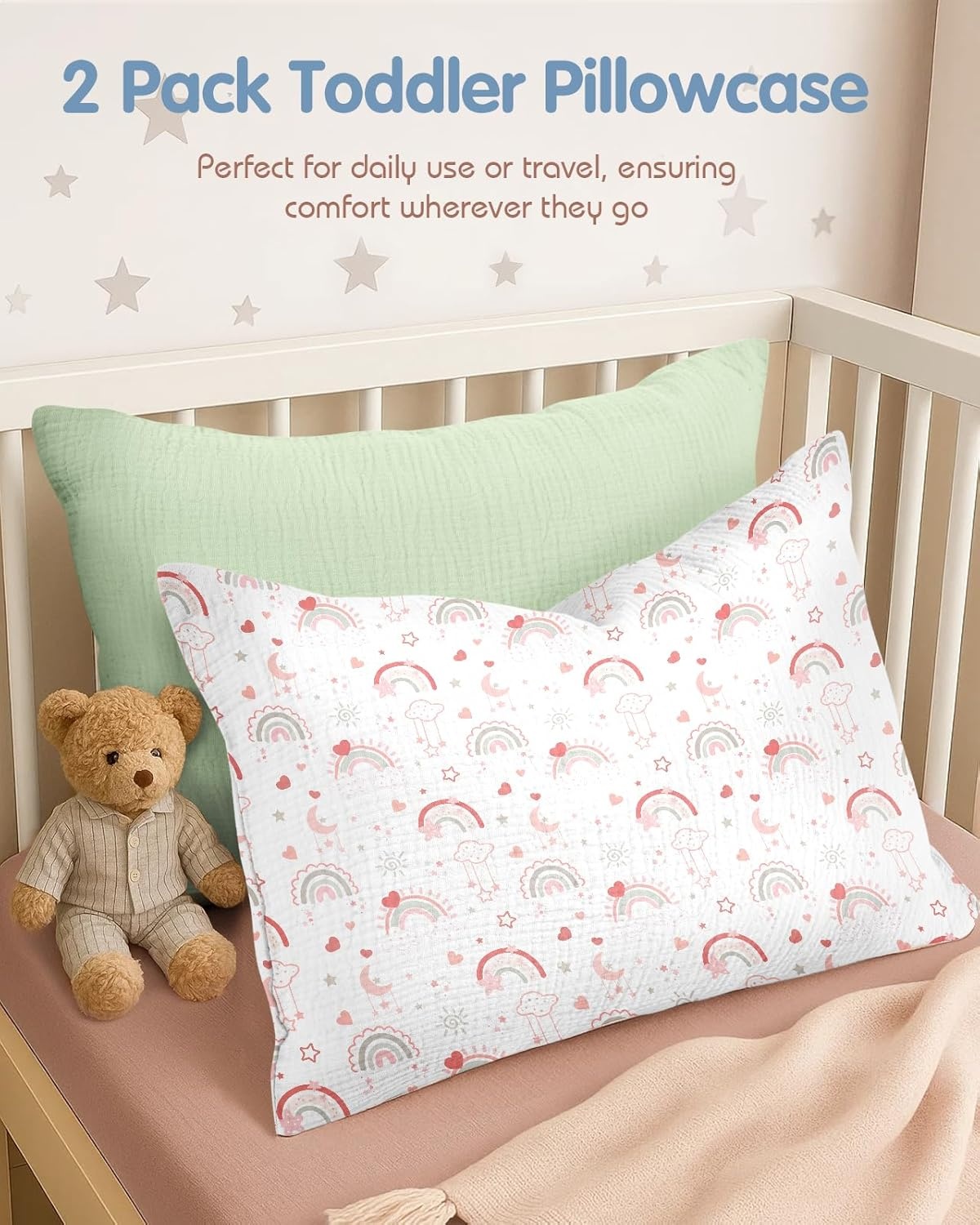 image:imageMiss Adola UltraSoft Cotton Toddler Pillowcase Set of 2 13x18 Breathable Kids Pillow Cases for Sensitive Skin Cute Cartoon with Envelope Closure for Baby Boys Girls Mermaids amp Sky BlueWT PK Rainbow