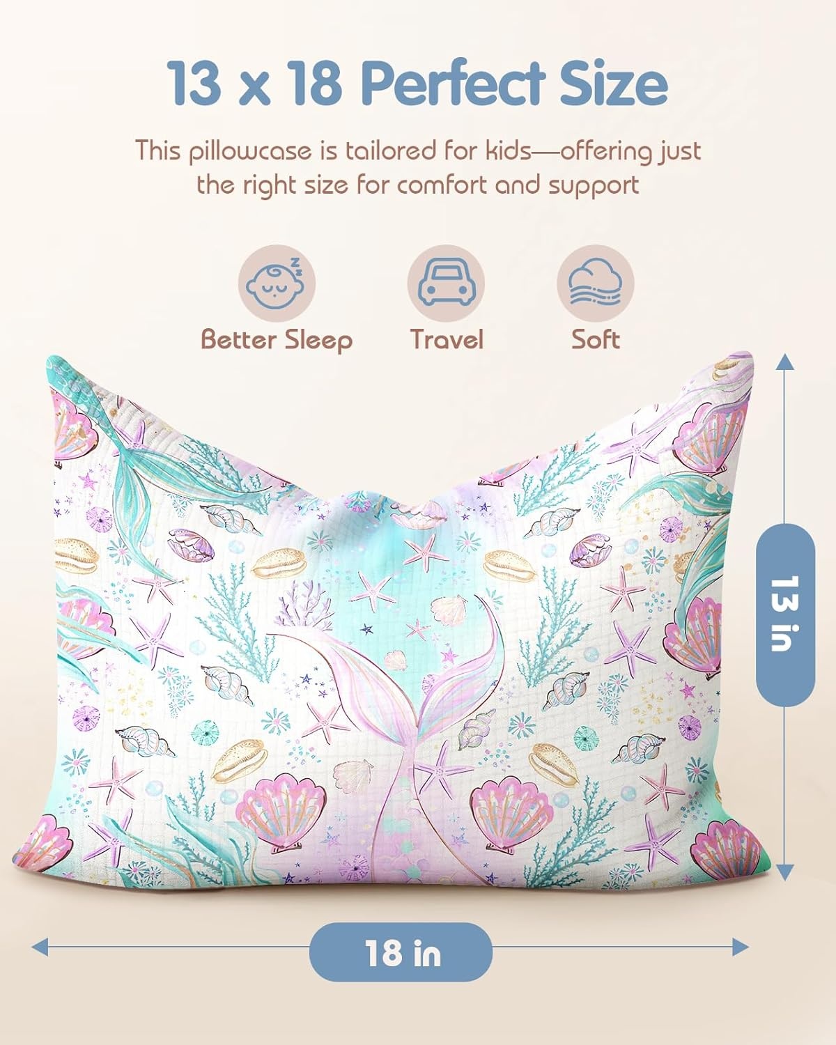 image:imageMiss Adola UltraSoft Cotton Toddler Pillowcase Set of 2 13x18 Breathable Kids Pillow Cases for Sensitive Skin Cute Cartoon with Envelope Closure for Baby Boys Girls Mermaids amp Sky BlueFish Tail