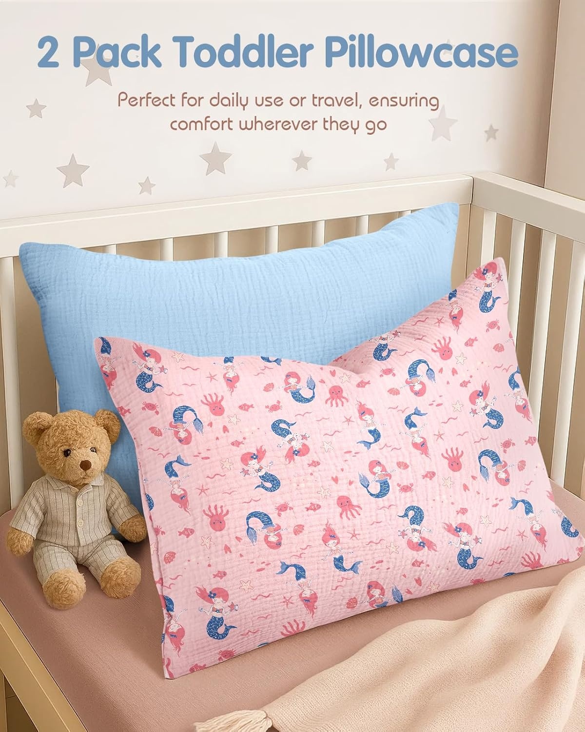 image:imageMiss Adola UltraSoft Cotton Toddler Pillowcase Set of 2 13x18 Breathable Kids Pillow Cases for Sensitive Skin Cute Cartoon with Envelope Closure for Baby Boys Girls Mermaids amp Sky BluePK Mermaids