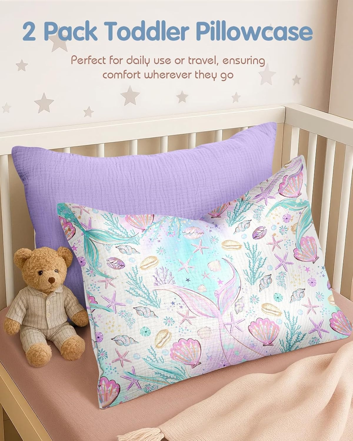 image:imageMiss Adola UltraSoft Cotton Toddler Pillowcase Set of 2 13x18 Breathable Kids Pillow Cases for Sensitive Skin Cute Cartoon with Envelope Closure for Baby Boys Girls Mermaids amp Sky BlueFish Tail