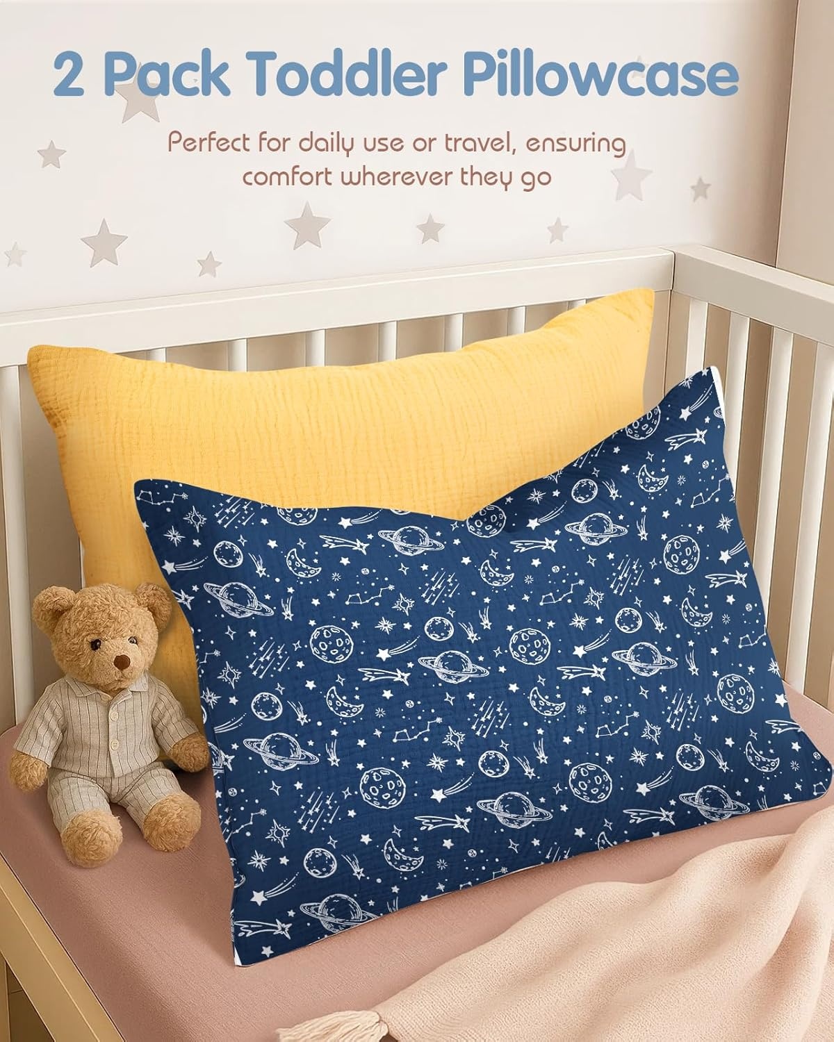 image:imageMiss Adola UltraSoft Cotton Toddler Pillowcase Set of 2 13x18 Breathable Kids Pillow Cases for Sensitive Skin Cute Cartoon with Envelope Closure for Baby Boys Girls Mermaids amp Sky BlueStar Lines