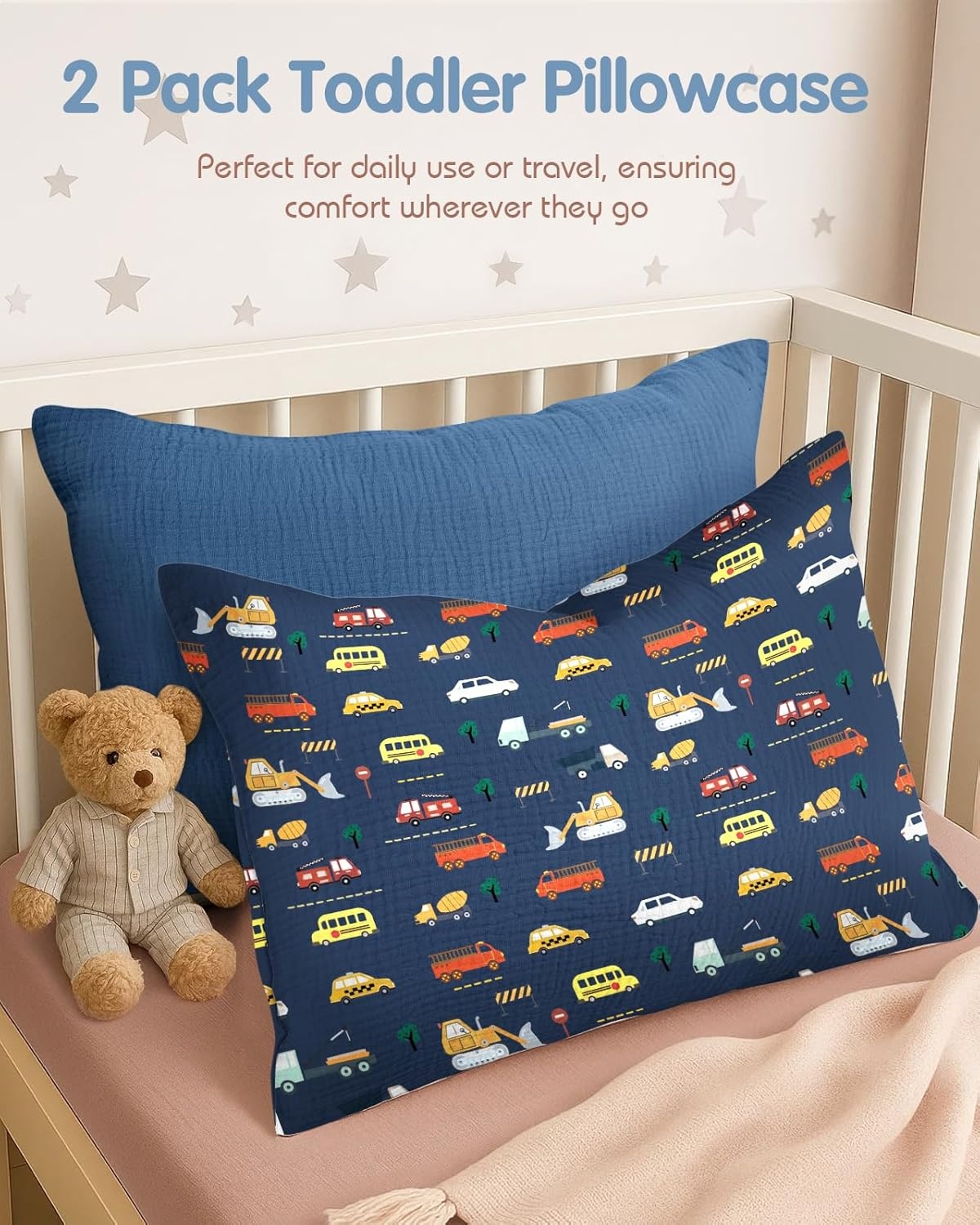 image:imageMiss Adola UltraSoft Cotton Toddler Pillowcase Set of 2 13x18 Breathable Kids Pillow Cases for Sensitive Skin Cute Cartoon with Envelope Closure for Baby Boys Girls Mermaids amp Sky BlueCar