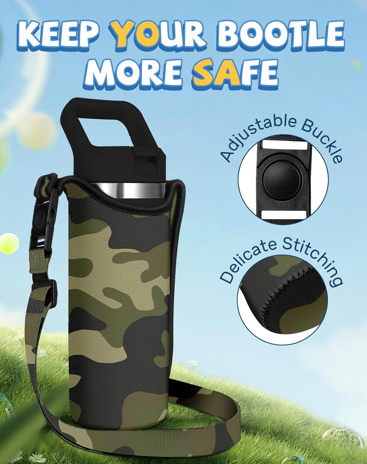 image:imageMiss Adola Water Bottle Carrier with Strap Handheld Kids Water Bottle Holder for 1016 oz 1420 oz Cute Cartoon Design Neoprene Crossbody Bottle Sling Bag for Boys GirlsGreen Camo