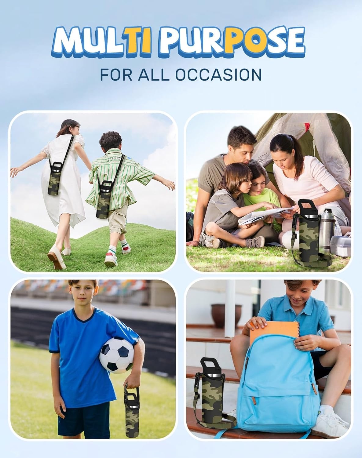 image:imageMiss Adola Water Bottle Carrier with Strap Handheld Kids Water Bottle Holder for 1016 oz 1420 oz Cute Cartoon Design Neoprene Crossbody Bottle Sling Bag for Boys GirlsGreen Camo