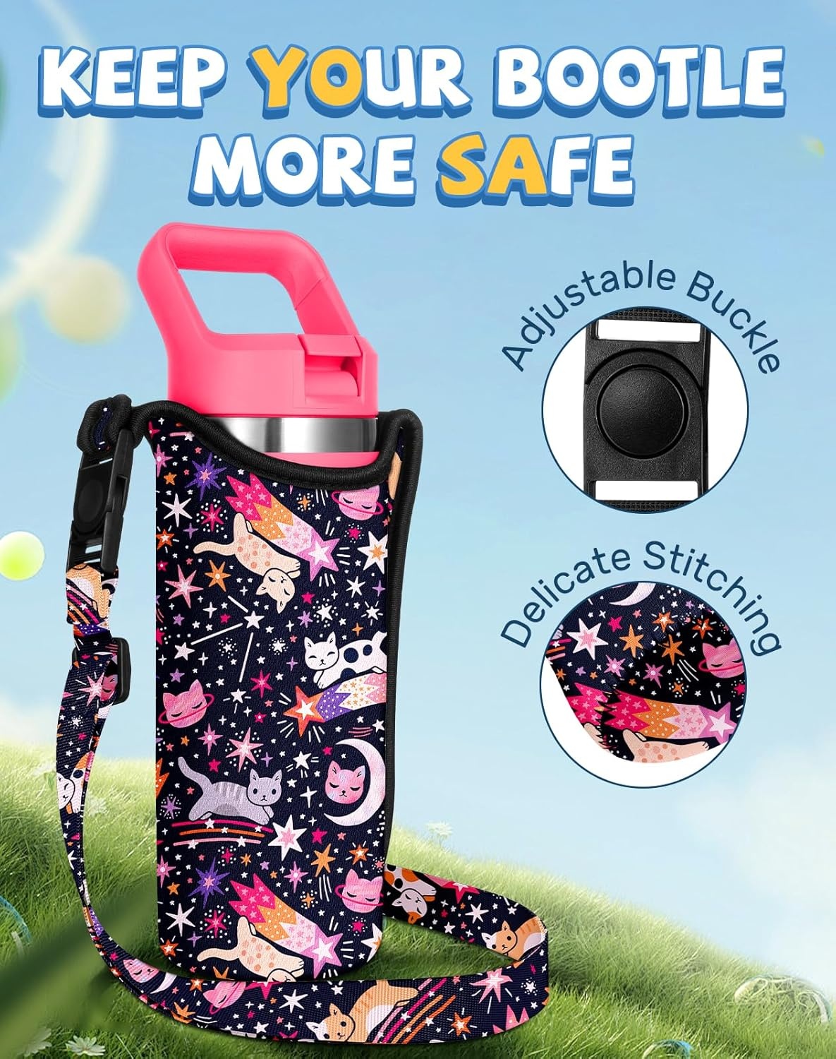 image:imageMiss Adola Water Bottle Carrier with Strap Handheld Kids Water Bottle Holder for 1016 oz 1420 oz Cute Cartoon Design Neoprene Crossbody Bottle Sling Bag for Boys GirlsStar Cats