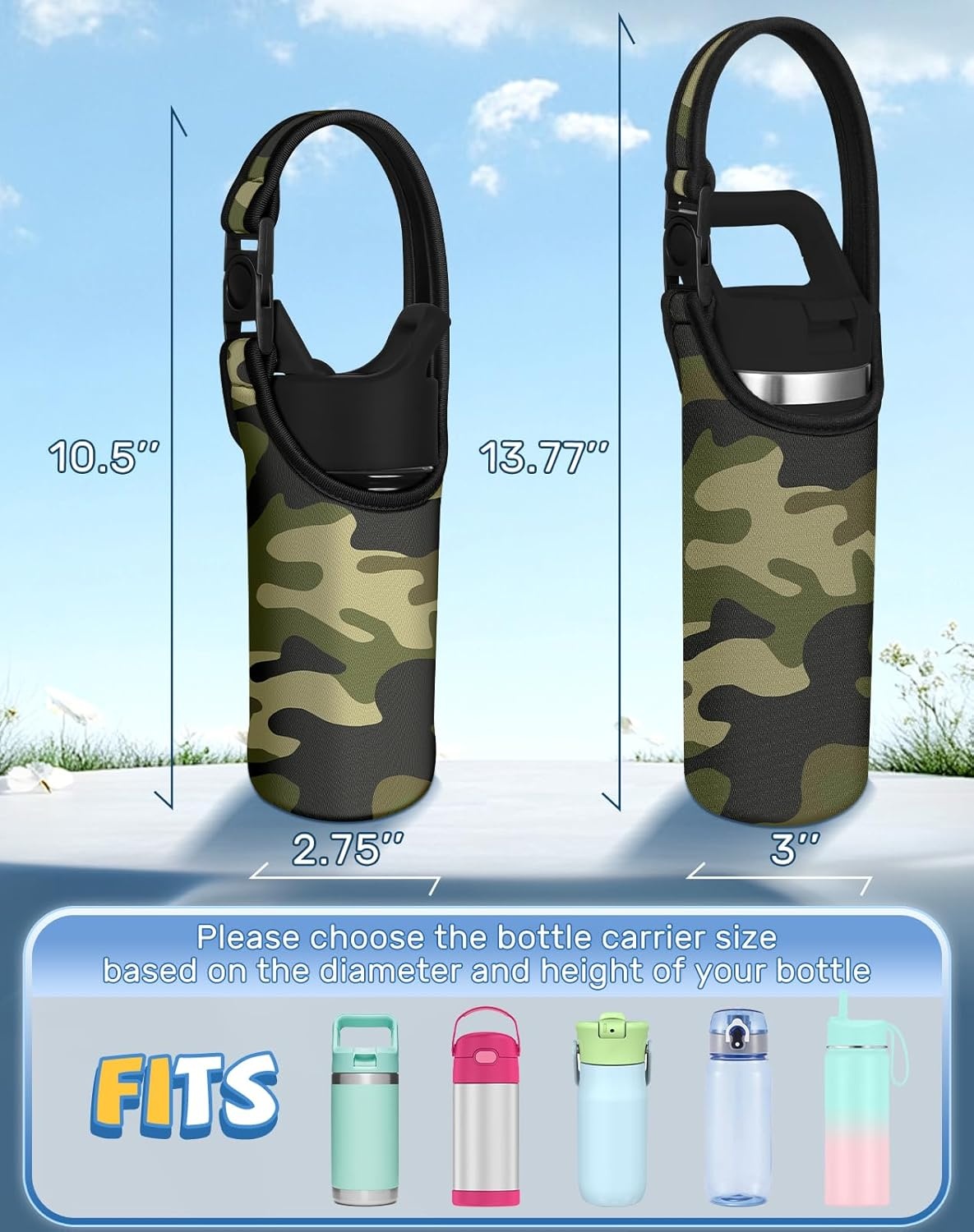image:imageMiss Adola Water Bottle Carrier with Strap Handheld Kids Water Bottle Holder for 1016 oz 1420 oz Cute Cartoon Design Neoprene Crossbody Bottle Sling Bag for Boys GirlsGreen Camo