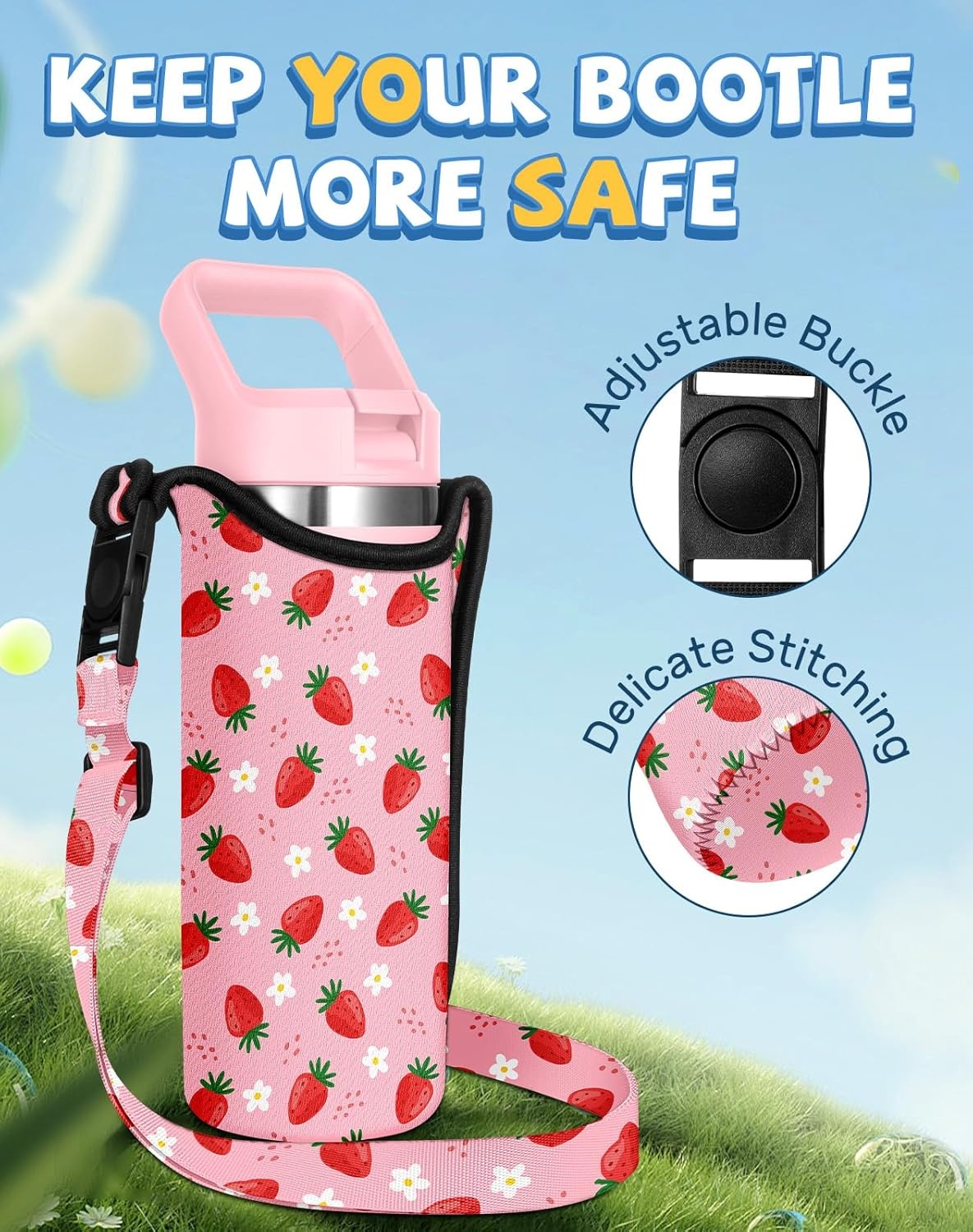 image:imageMiss Adola Water Bottle Carrier with Strap Handheld Kids Water Bottle Holder for 1016 oz 1420 oz Cute Cartoon Design Neoprene Crossbody Bottle Sling Bag for Boys GirlsStrawberry